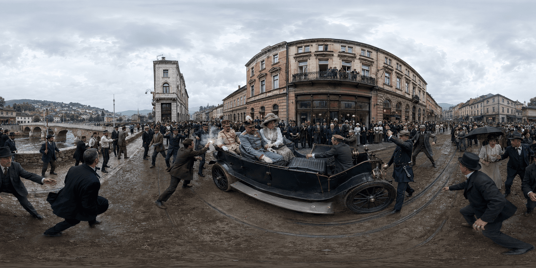 A 360 historical reconstruction of the assassination of Archduke Franz Ferdinand with an open-top motorcar, Sarajevo streets, Austro-Hungarian officers, local bystanders, and the Miljacka riverfront.