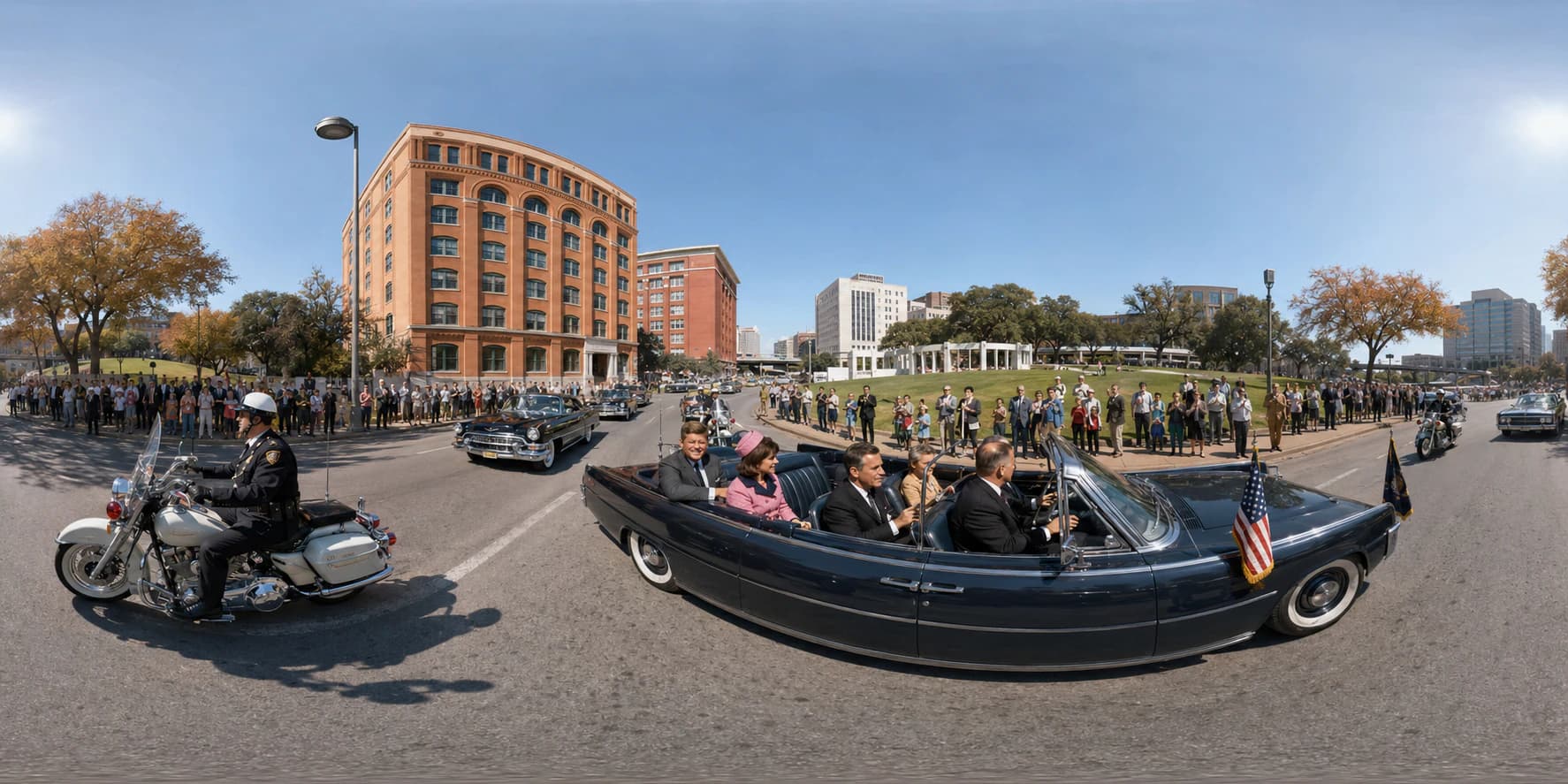 A 360 historical reconstruction of the JFK assassination with the presidential open-top limousine, John and Jacqueline Kennedy, Dallas police motorcycles, spectators, Dealey Plaza, and the Texas School Book Depository.