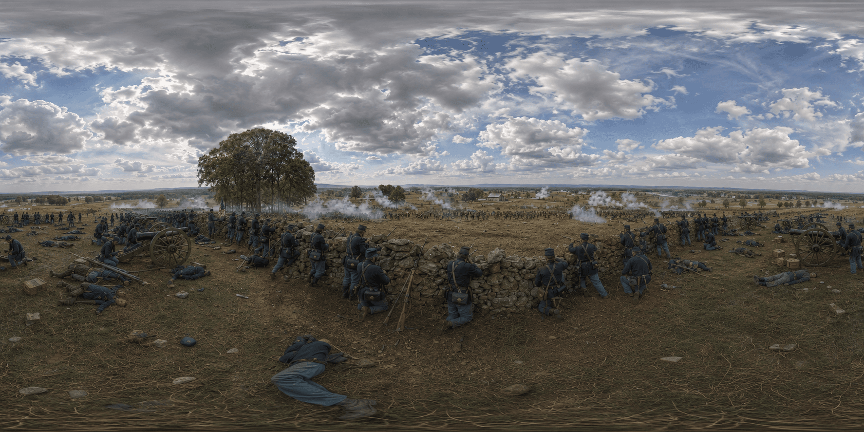 A 360 historical reconstruction of the Battle of Gettysburg with Union and Confederate soldiers, artillery, fences, fields and smoke.
