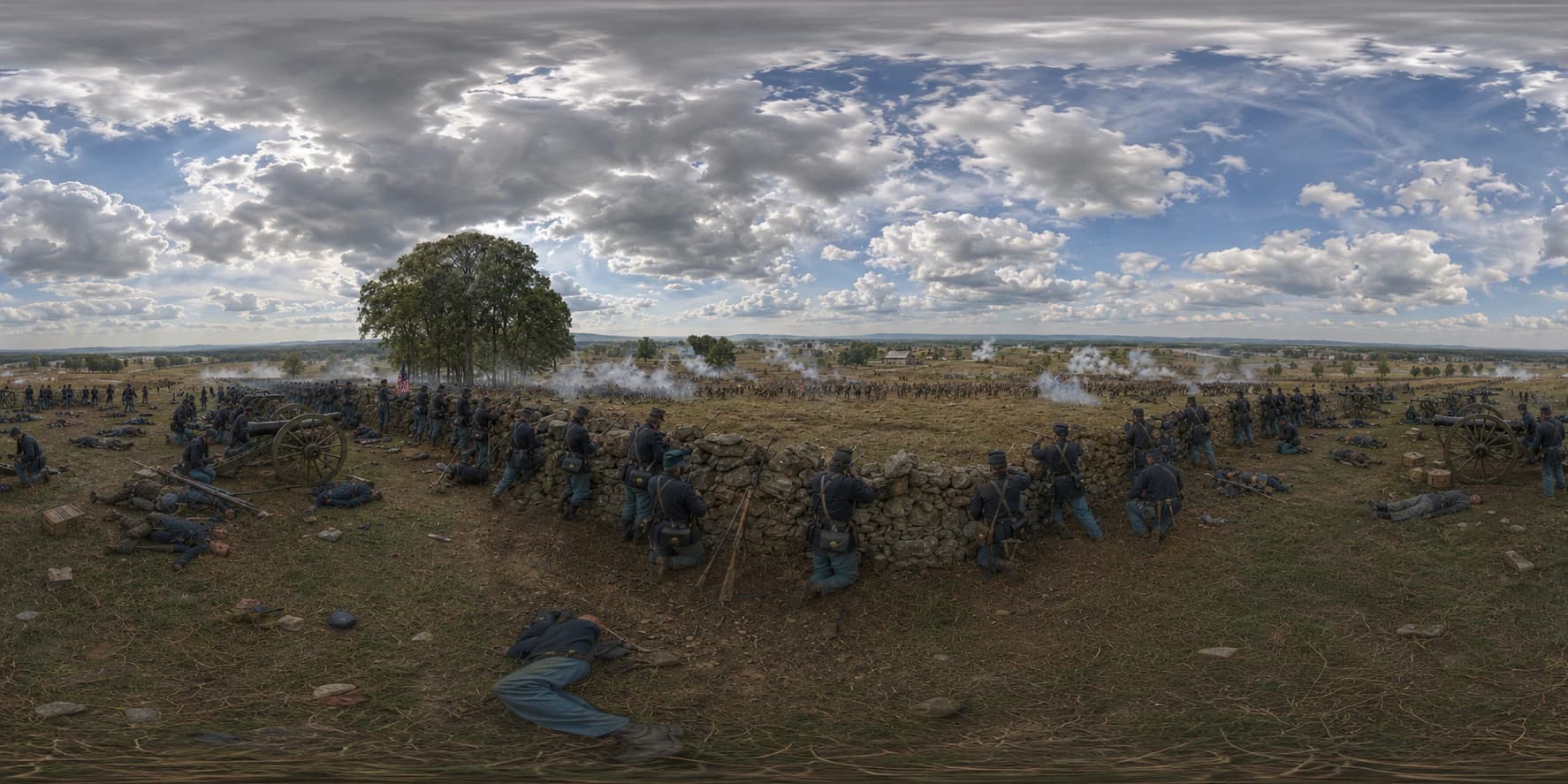 A 360 historical reconstruction of the Battle of Gettysburg with Union and Confederate soldiers, artillery, fences, fields and smoke.