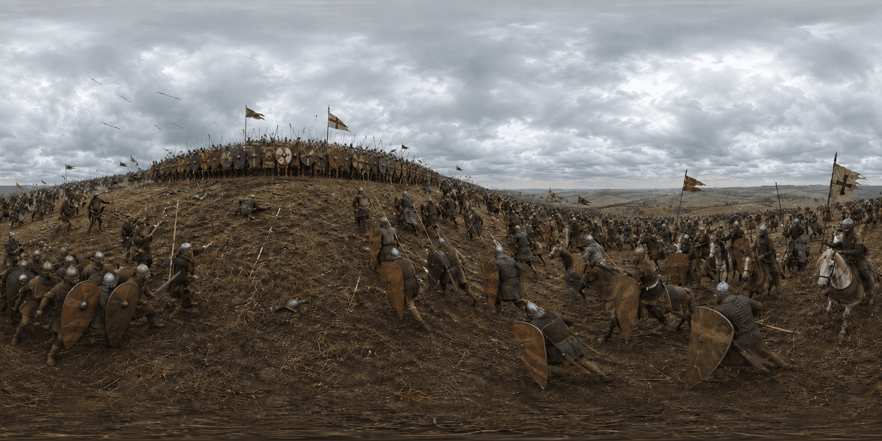 A wide historical reconstruction of the Battle of Hastings with Norman cavalry and an Anglo-Saxon shield wall.