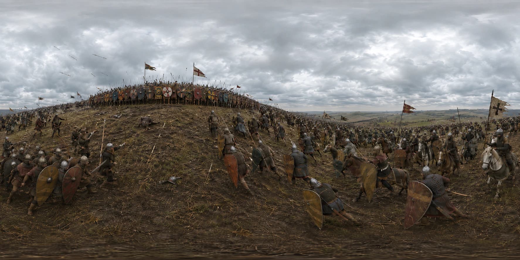 A wide historical reconstruction of the Battle of Hastings with Norman cavalry and an Anglo-Saxon shield wall.