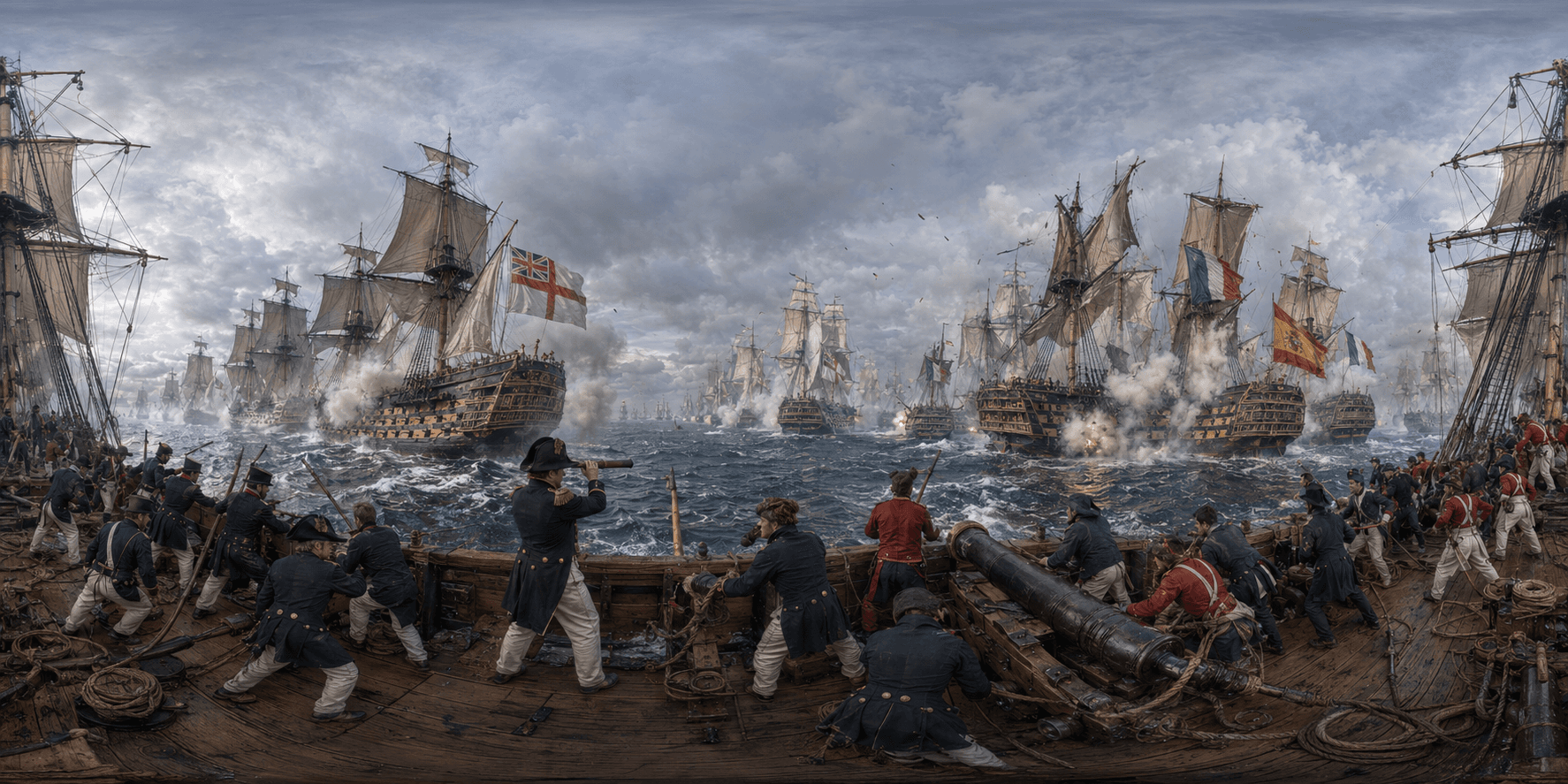 A 360 historical reconstruction of the Battle of Trafalgar with HMS Victory, British and Franco-Spanish ships of the line, cannon smoke, torn sails, signal flags, sailors, marines, and the Atlantic off Cape Trafalgar.