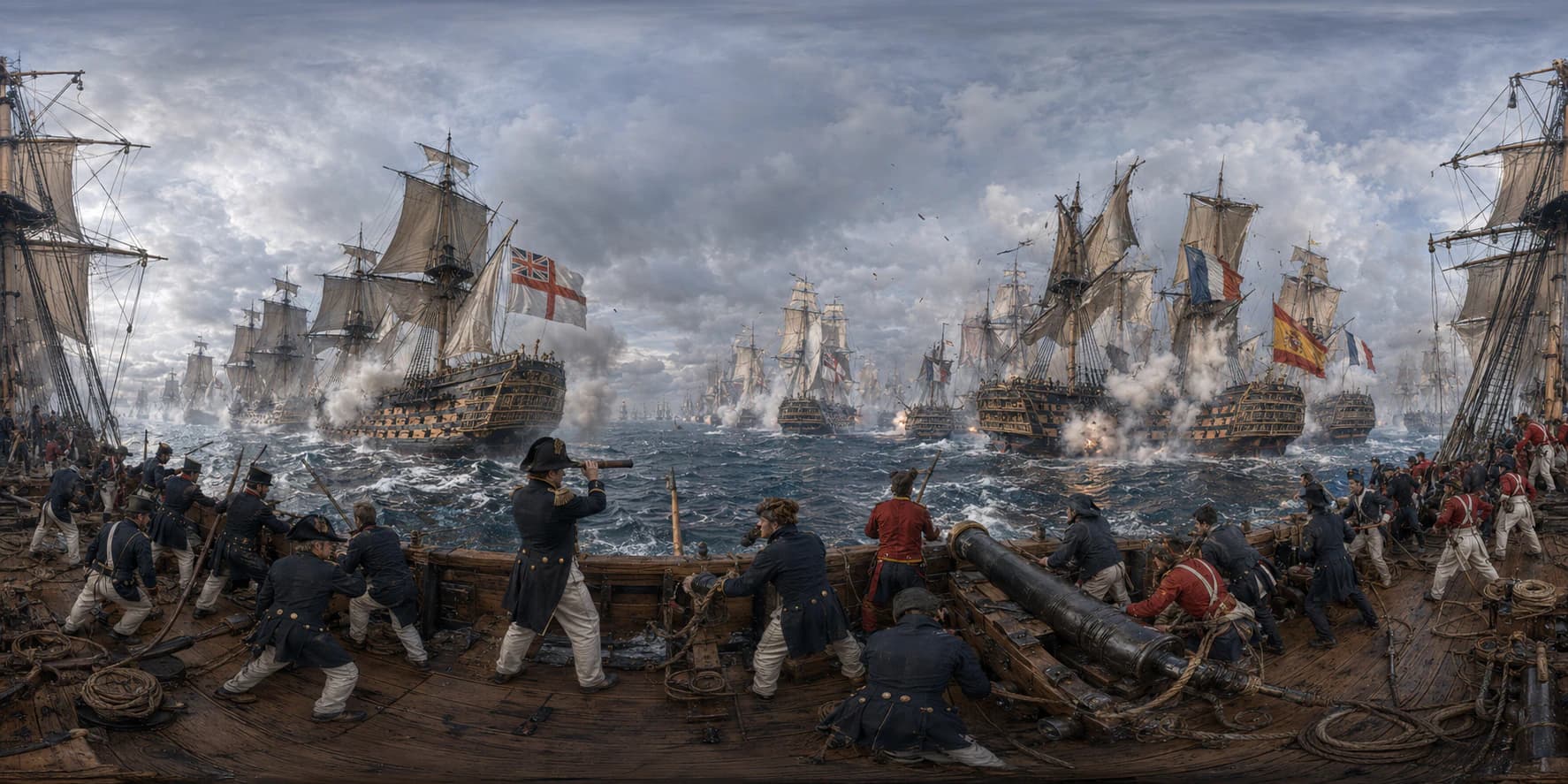 A 360 historical reconstruction of the Battle of Trafalgar with HMS Victory, British and Franco-Spanish ships of the line, cannon smoke, torn sails, signal flags, sailors, marines, and the Atlantic off Cape Trafalgar.