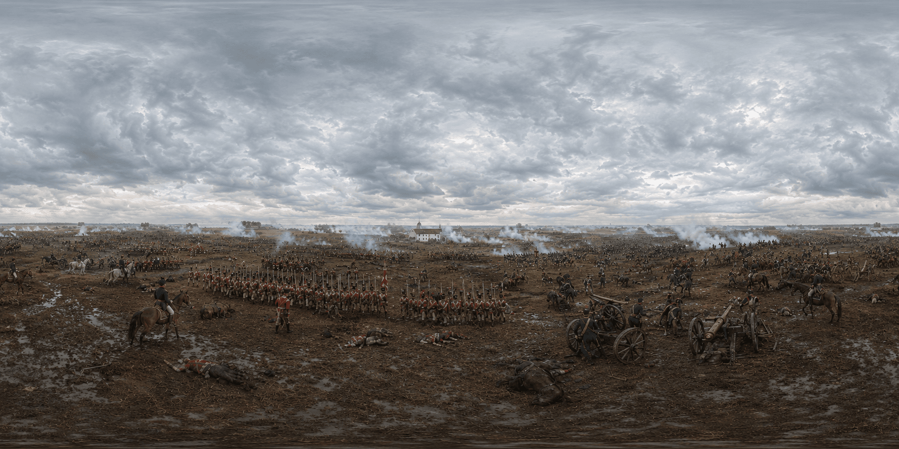 A 360 historical reconstruction of the Battle of Waterloo with infantry lines, cavalry, artillery smoke and muddy Belgian farmland.