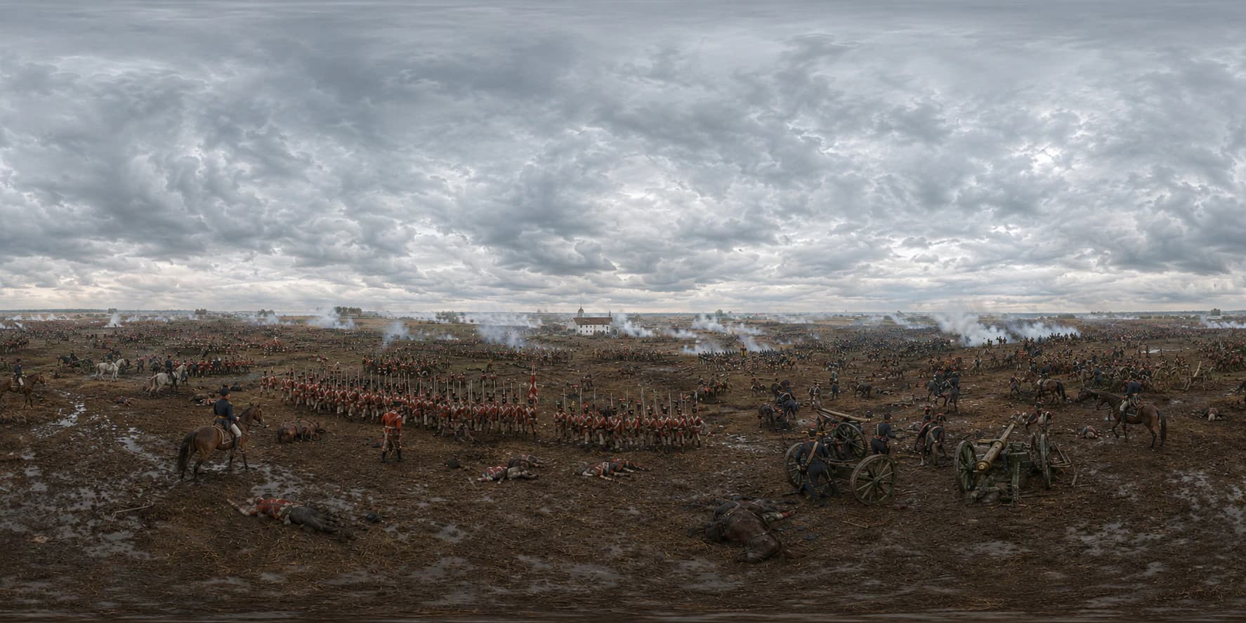A 360 historical reconstruction of the Battle of Waterloo with infantry lines, cavalry, artillery smoke and muddy Belgian farmland.