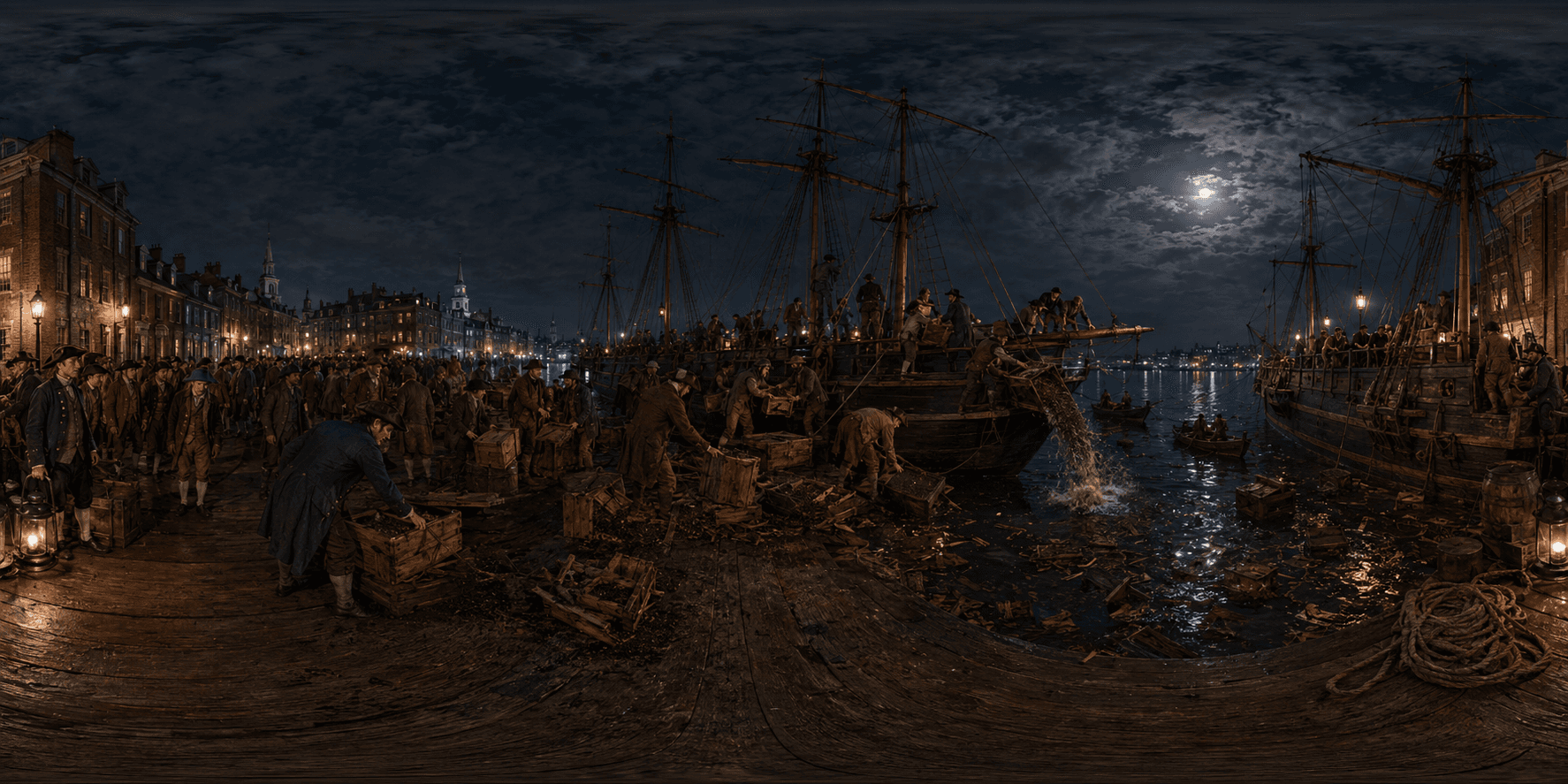 A 360 historical reconstruction of the Boston Tea Party with colonial protestors, tea chests, wooden ships, docks and Boston Harbor.