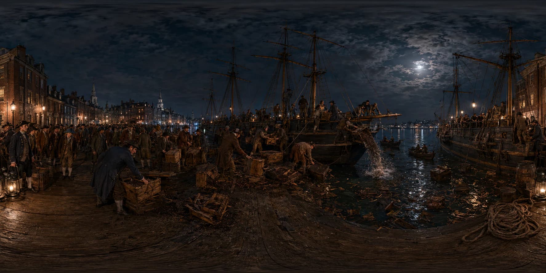 A 360 historical reconstruction of the Boston Tea Party with colonial protestors, tea chests, wooden ships, docks and Boston Harbor.