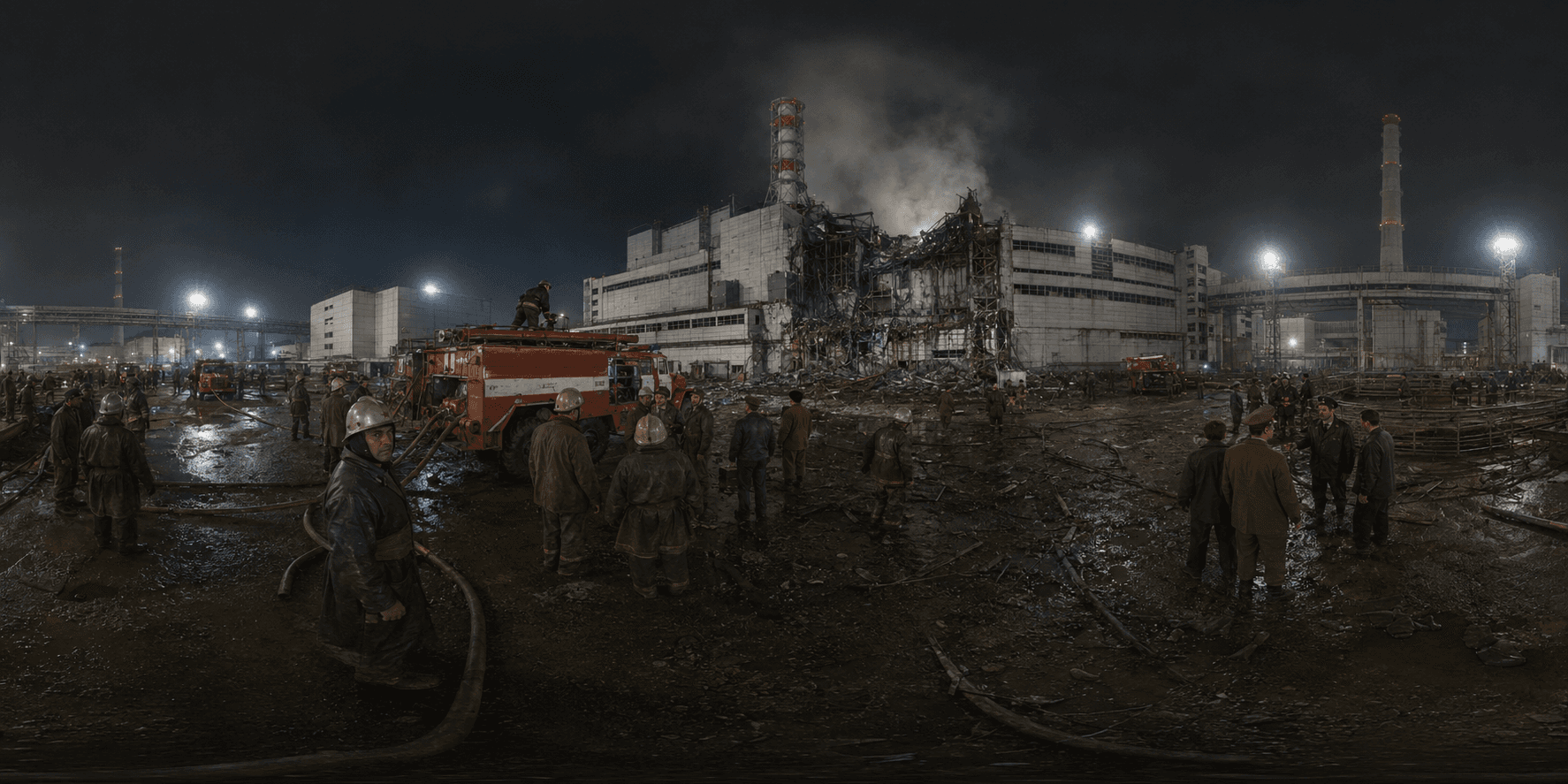 A 360 historical reconstruction of the Chernobyl disaster with damaged Reactor 4, smoke, firefighters, Soviet emergency vehicles, floodlights, industrial concrete, pipes, and night-time response.