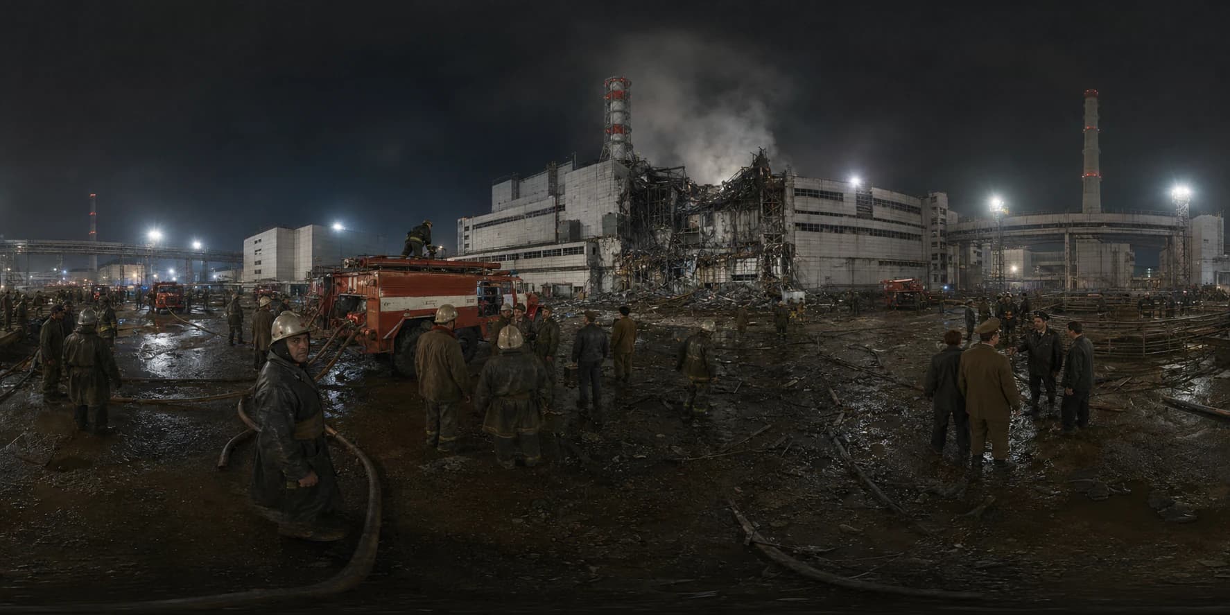 A 360 historical reconstruction of the Chernobyl disaster with damaged Reactor 4, smoke, firefighters, Soviet emergency vehicles, floodlights, industrial concrete, pipes, and night-time response.