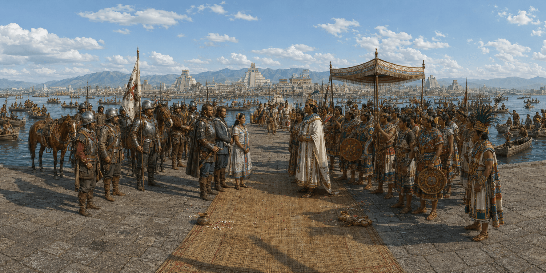 A 360 historical reconstruction of Cortés meeting Moctezuma with Lake Texcoco, Tenochtitlan causeways, canals, Mexica nobles, Spanish conquistadors, horses, interpreters, and distant temples.
