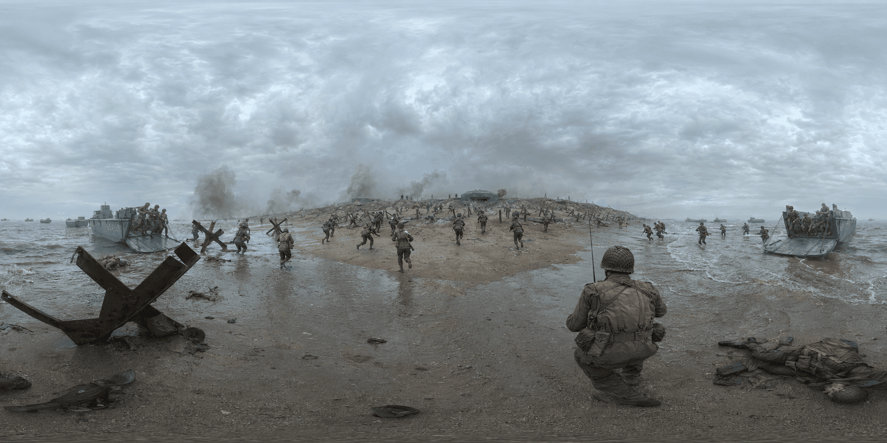 A wide historical reconstruction of the D-Day landings in Normandy with Allied troops, landing craft, beach obstacles, and smoke.