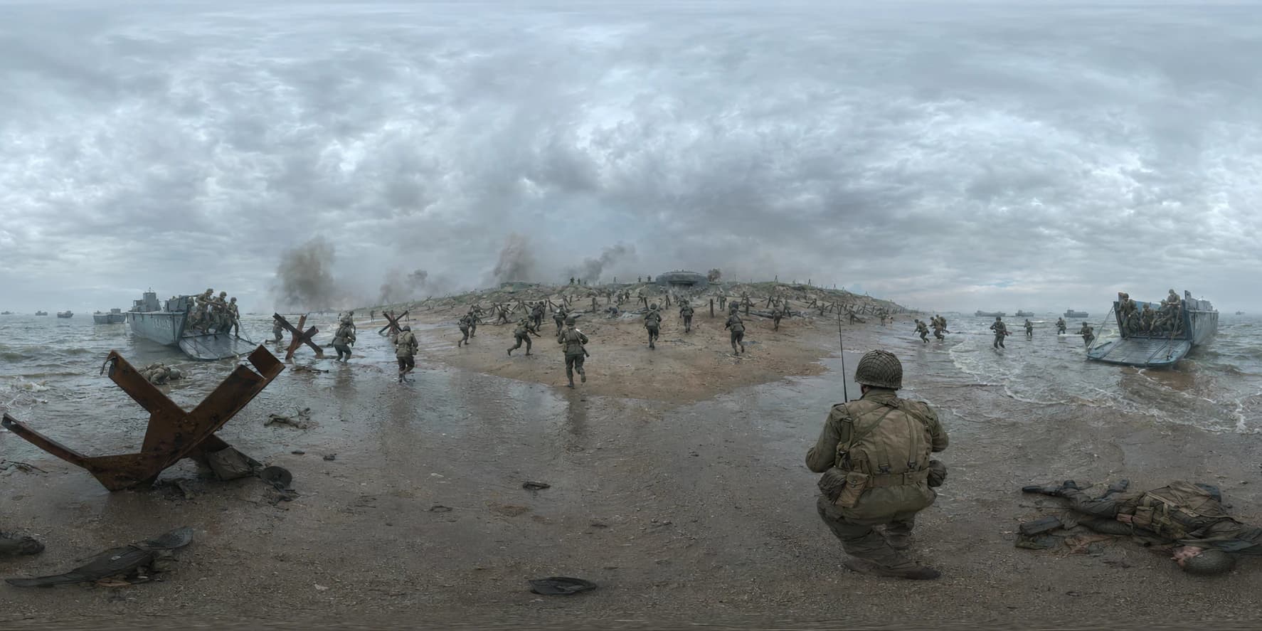 A wide historical reconstruction of the D-Day landings in Normandy with Allied troops, landing craft, beach obstacles, and smoke.