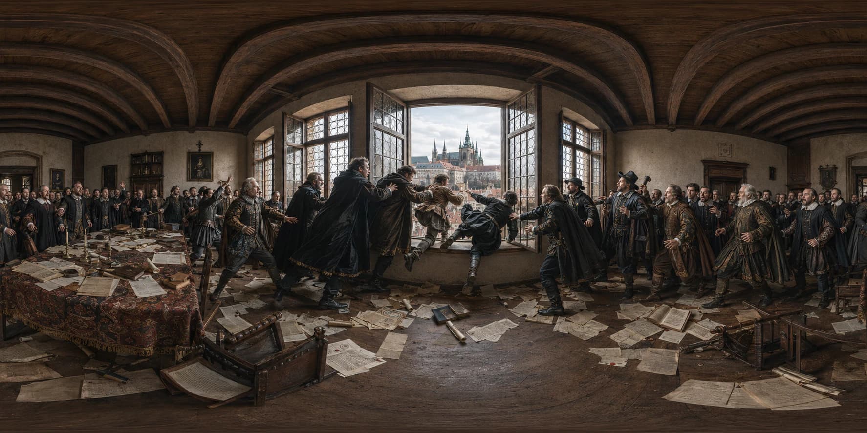 A 360 historical reconstruction of the Defenestration of Prague with Bohemian nobles, royal officials, palace windows, papers, guards, and Prague Castle architecture.