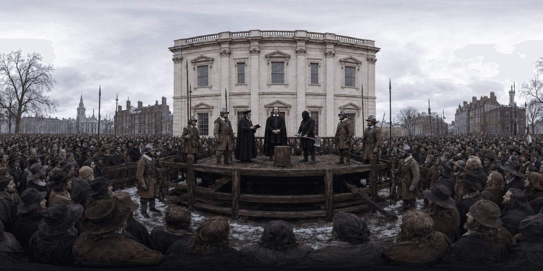 A 360 historical reconstruction of the execution of Charles I outside the Banqueting House with a scaffold, Parliamentarian soldiers, officials, a solemn crowd, and winter London atmosphere.