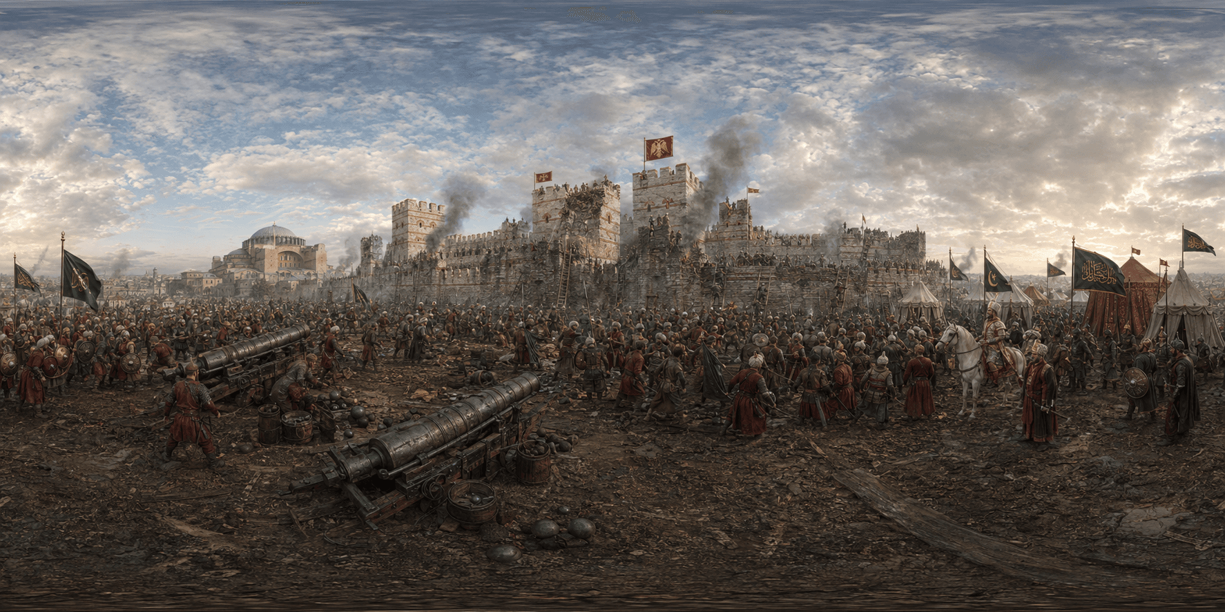 A 360 historical reconstruction of the Fall of Constantinople with Theodosian walls, Ottoman artillery, Byzantine defenders and siege warfare.