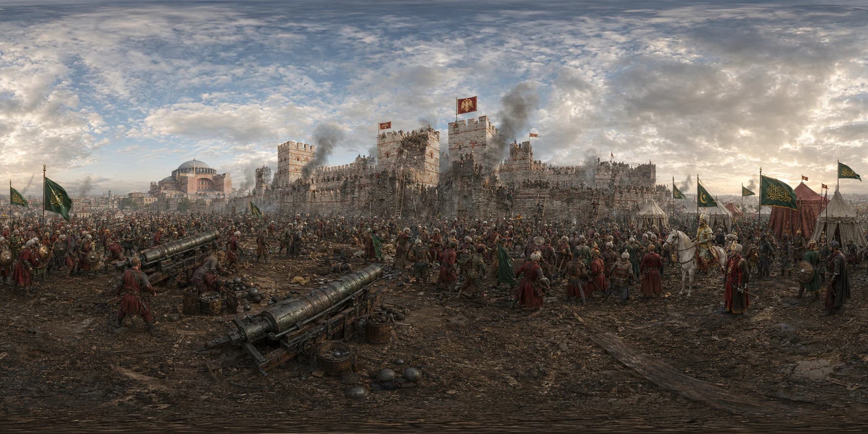 A 360 historical reconstruction of the Fall of Constantinople with Theodosian walls, Ottoman artillery, Byzantine defenders and siege warfare.