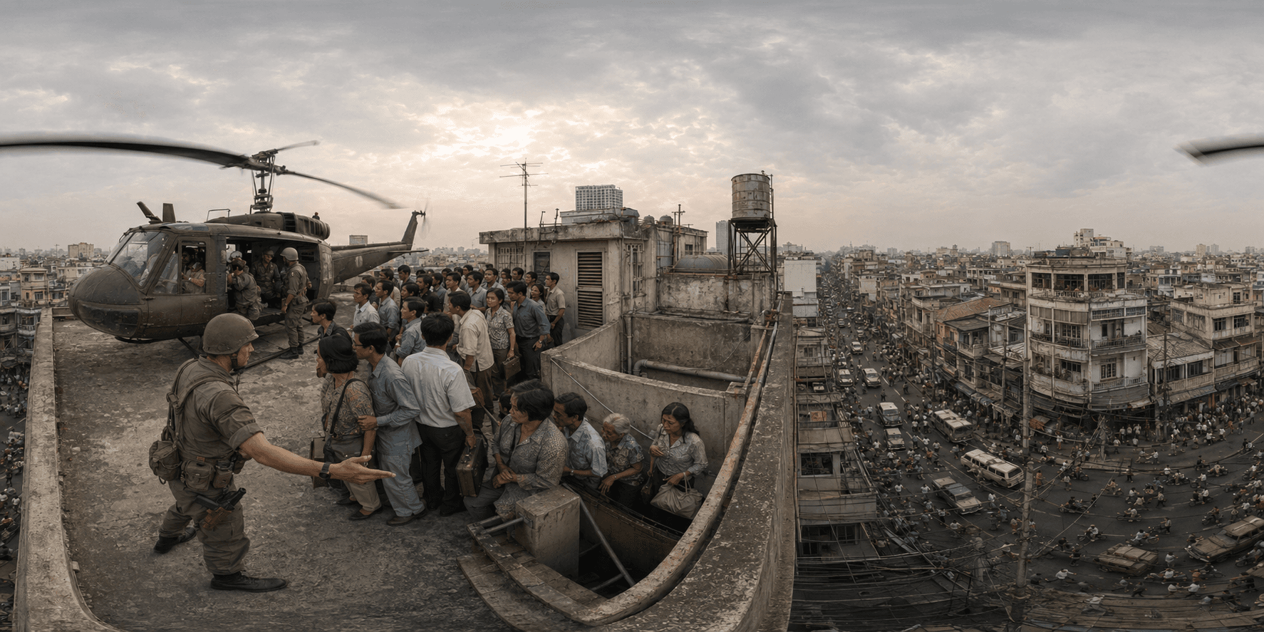 A 360 historical reconstruction of the Fall of Saigon evacuation with a rooftop helicopter, anxious civilians, U.S. personnel, South Vietnamese officials, tropical city buildings, vehicles, wires, and crowded streets.
