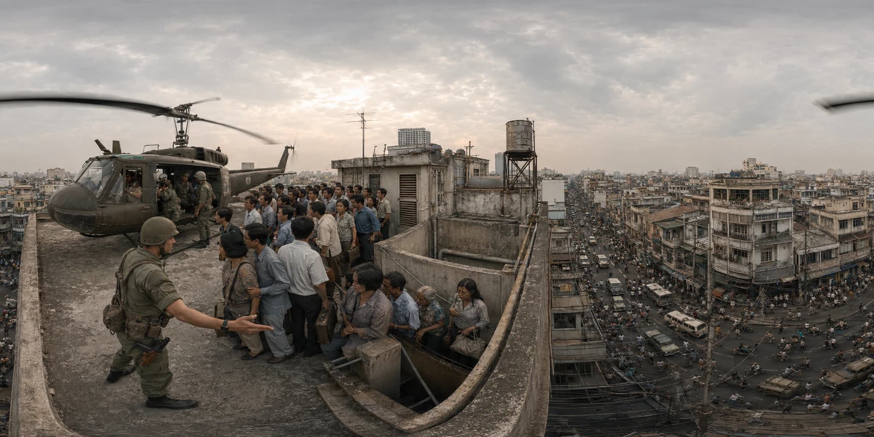 A 360 historical reconstruction of the Fall of Saigon evacuation with a rooftop helicopter, anxious civilians, U.S. personnel, South Vietnamese officials, tropical city buildings, vehicles, wires, and crowded streets.