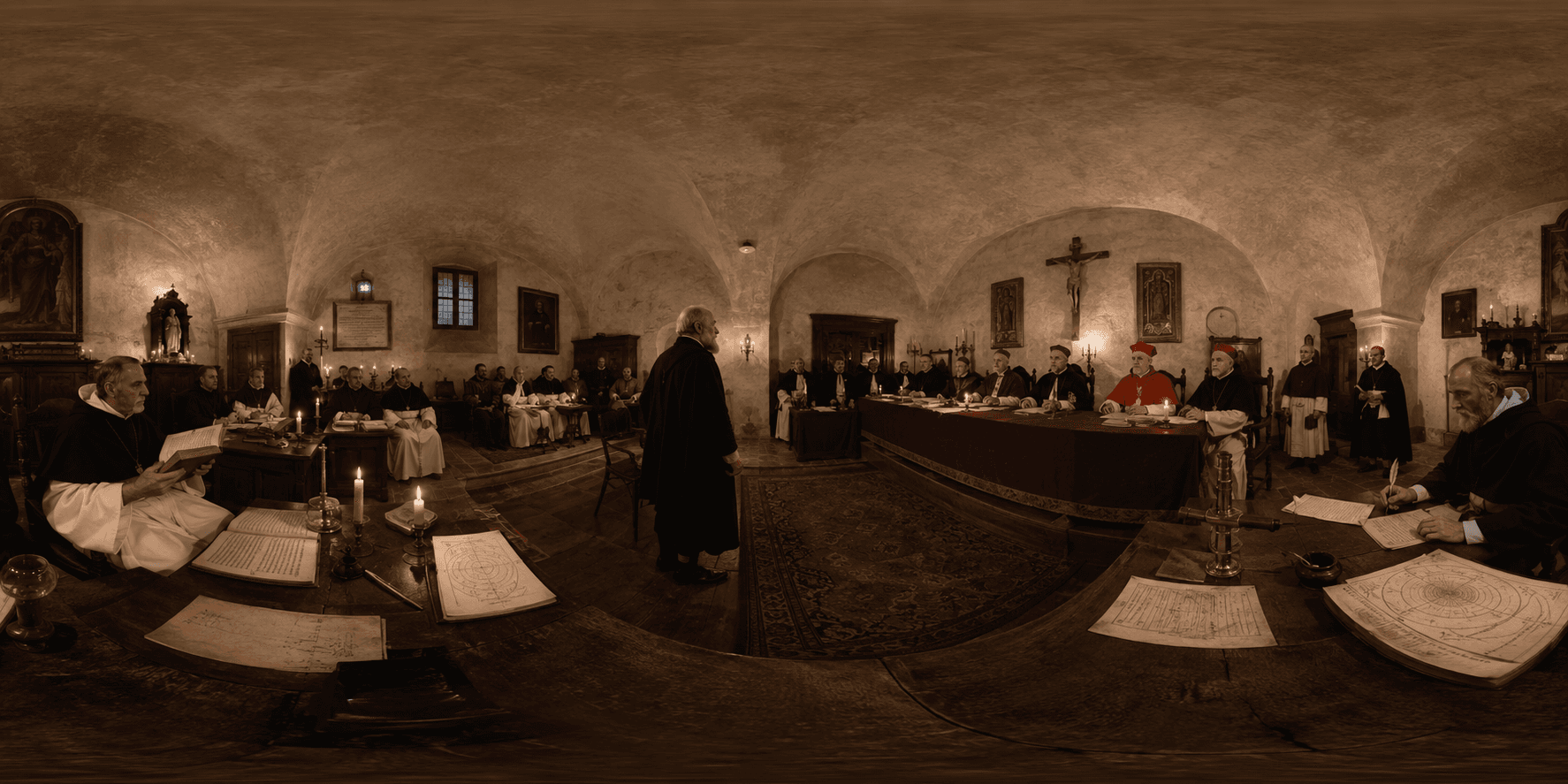 A 360 historical reconstruction of Galileo before the Roman Inquisition with cardinals, Dominican officials, clerks, manuscripts, candlelight, and restrained scientific instruments.