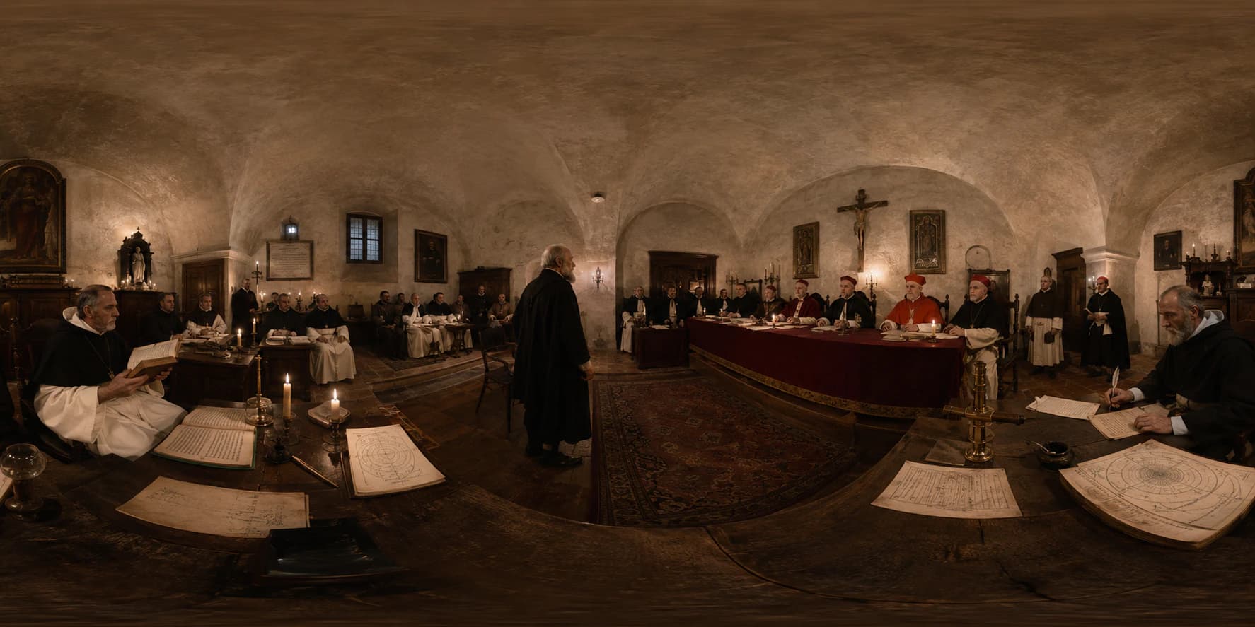 A 360 historical reconstruction of Galileo before the Roman Inquisition with cardinals, Dominican officials, clerks, manuscripts, candlelight, and restrained scientific instruments.