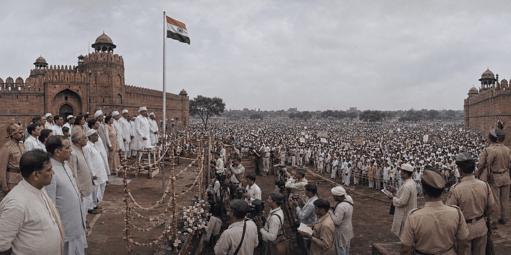 A 360 historical reconstruction of Indian Independence at the Red Fort with Nehru-era leaders, crowds, early tricolour flags, soldiers, press photographers, khadi clothing, saris, turbans, and red sandstone walls.
