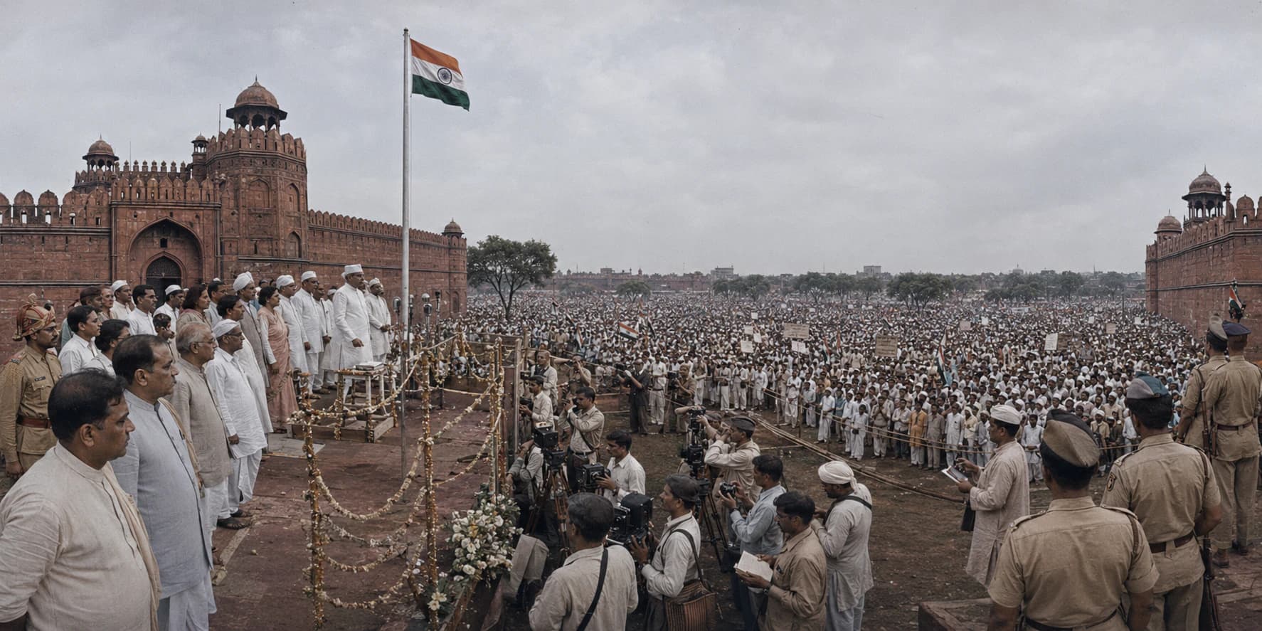 A 360 historical reconstruction of Indian Independence at the Red Fort with Nehru-era leaders, crowds, early tricolour flags, soldiers, press photographers, khadi clothing, saris, turbans, and red sandstone walls.