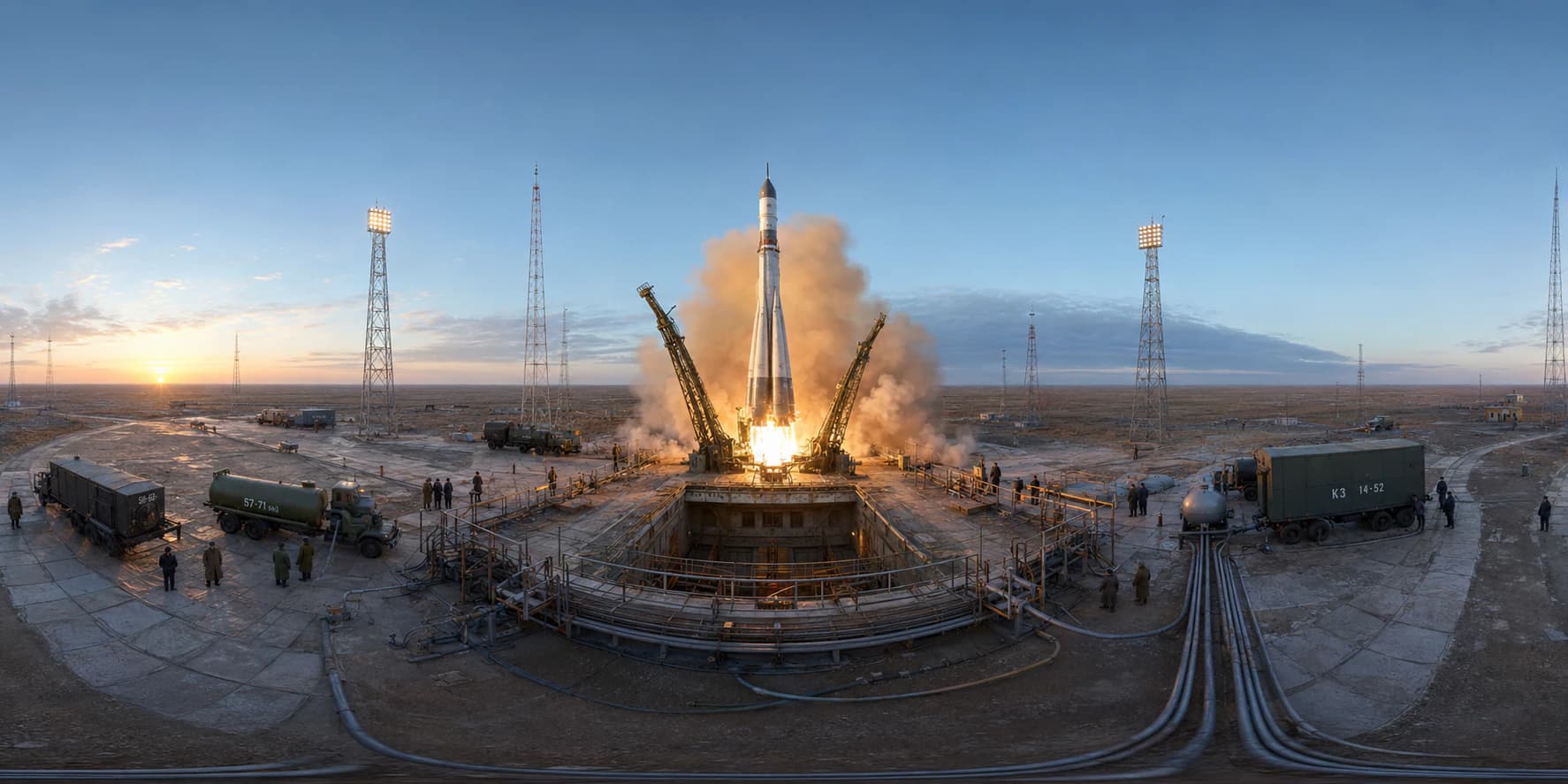 A 360 historical reconstruction of the launch of Sputnik 1 with an R-7 rocket, gantry structures, Soviet technicians, smoke, service vehicles, and the steppe landscape of Baikonur.