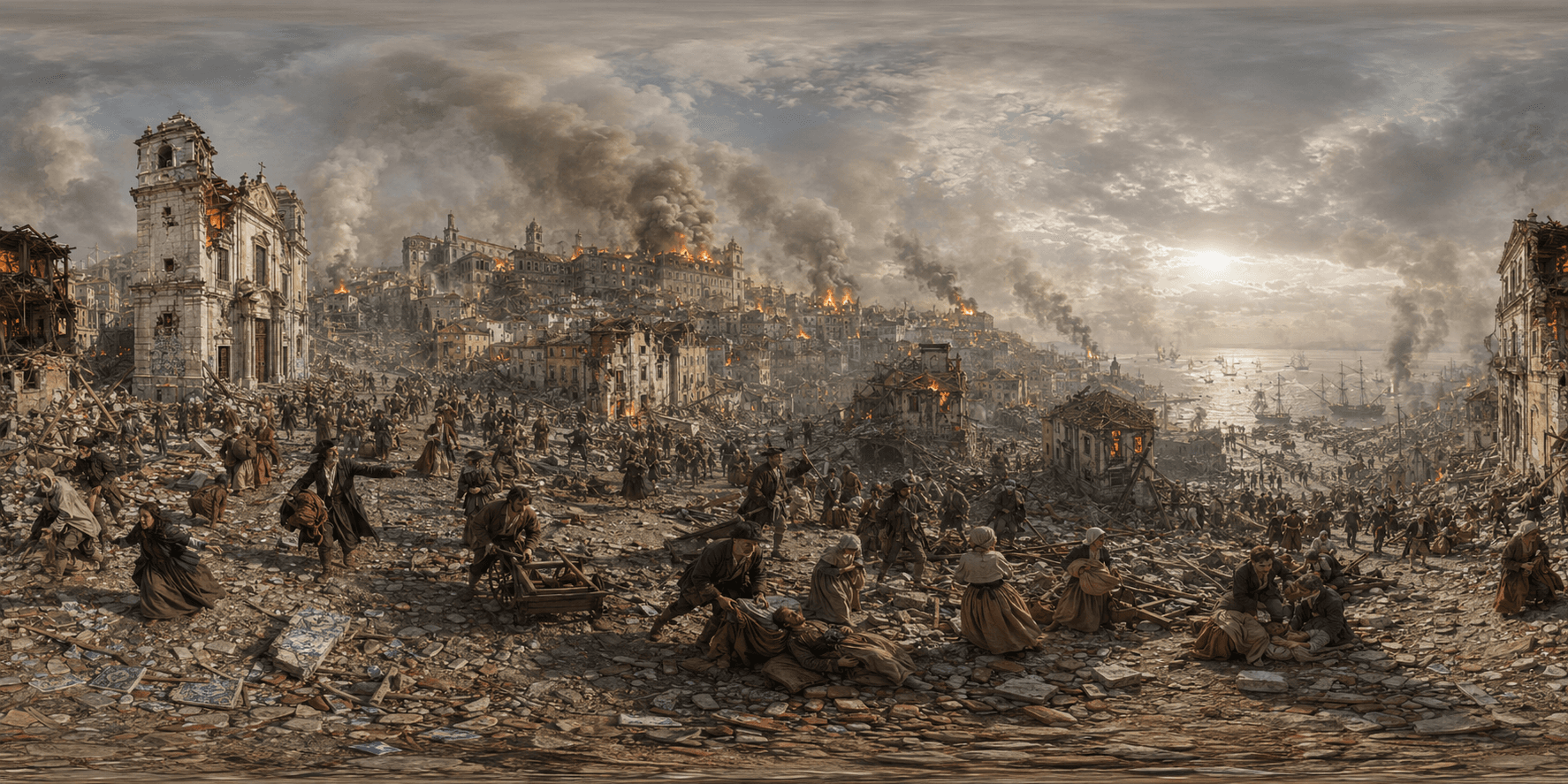 A 360 historical reconstruction of the Lisbon Earthquake with damaged Baroque buildings, rubble, smoke, crowds, and the Tagus waterfront.