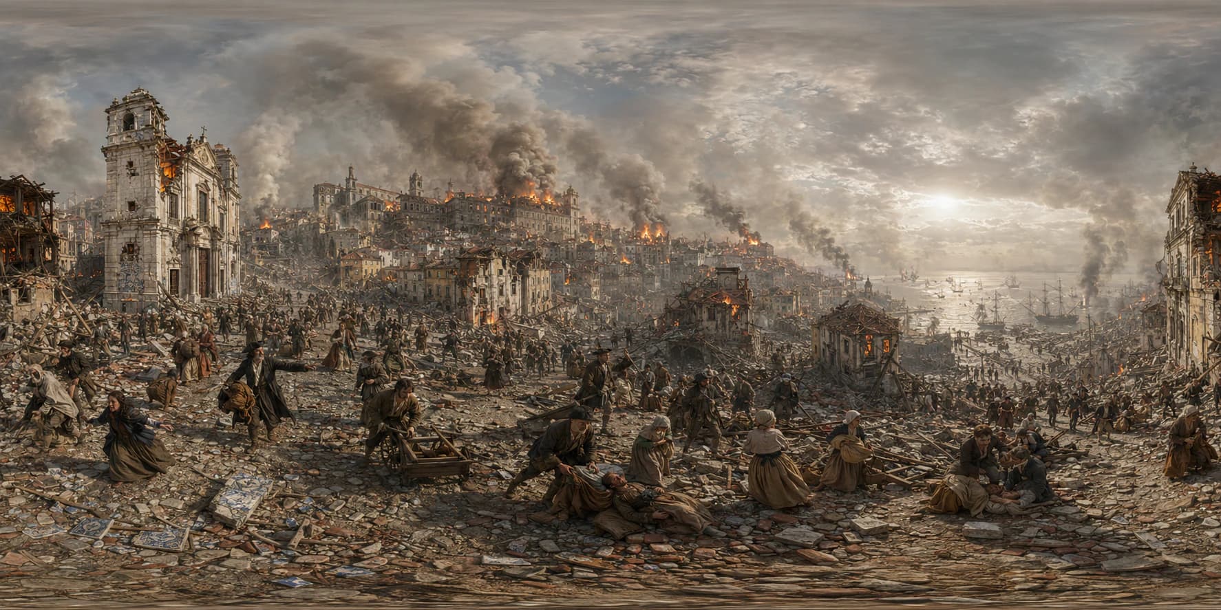 A 360 historical reconstruction of the Lisbon Earthquake with damaged Baroque buildings, rubble, smoke, crowds, and the Tagus waterfront.
