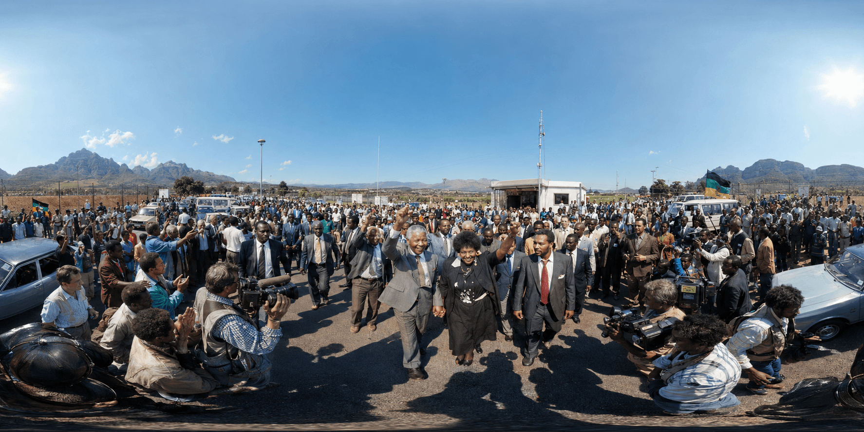 A 360 historical reconstruction of Nelson Mandela's release from prison with Mandela and Winnie Mandela, supporters, journalists, prison fencing, vehicles, and a South African roadside setting.