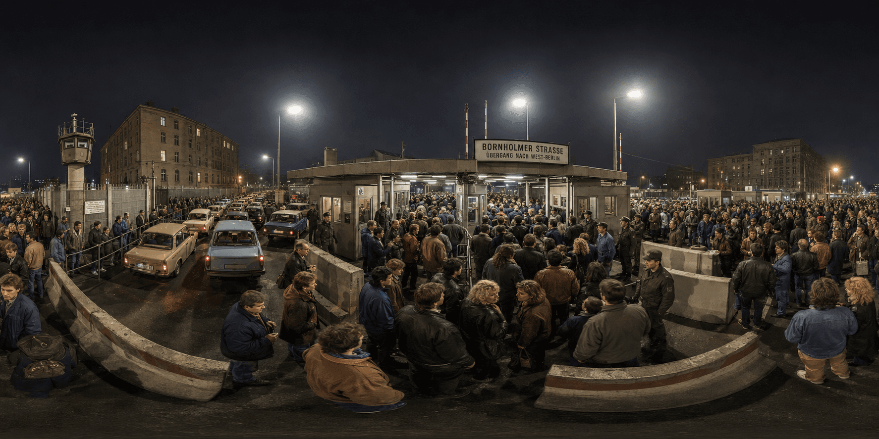 A 360 historical reconstruction of the Berlin Wall opening at Bornholmer Straße with East Berlin crowds, border guards, Trabants, floodlights, barriers, and checkpoint booths.