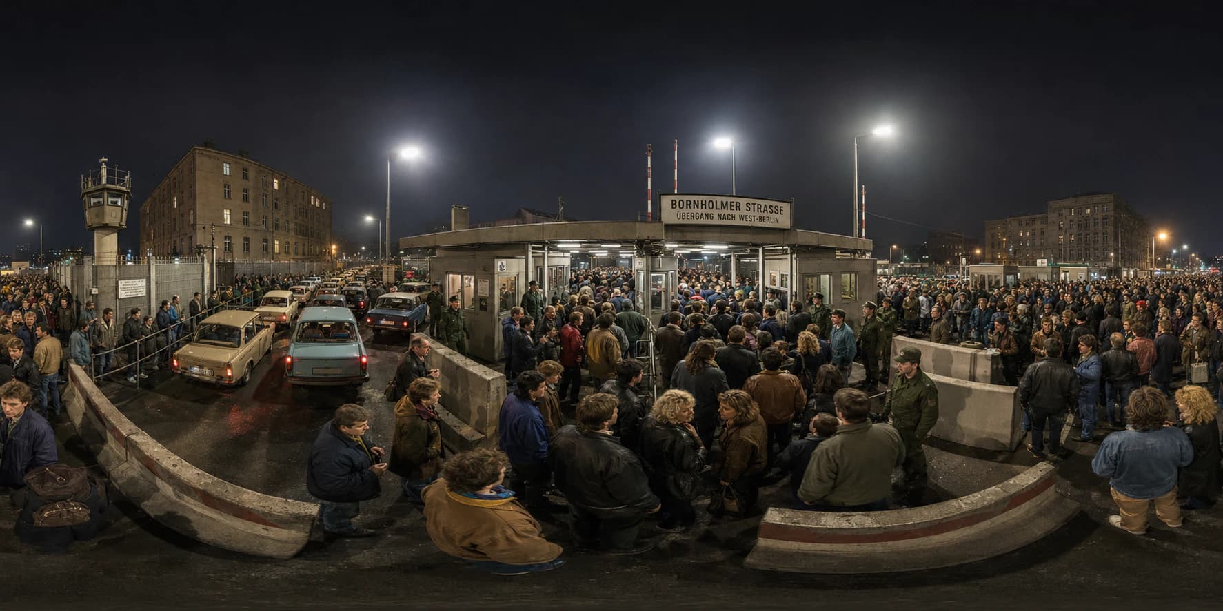 A 360 historical reconstruction of the Berlin Wall opening at Bornholmer Straße with East Berlin crowds, border guards, Trabants, floodlights, barriers, and checkpoint booths.