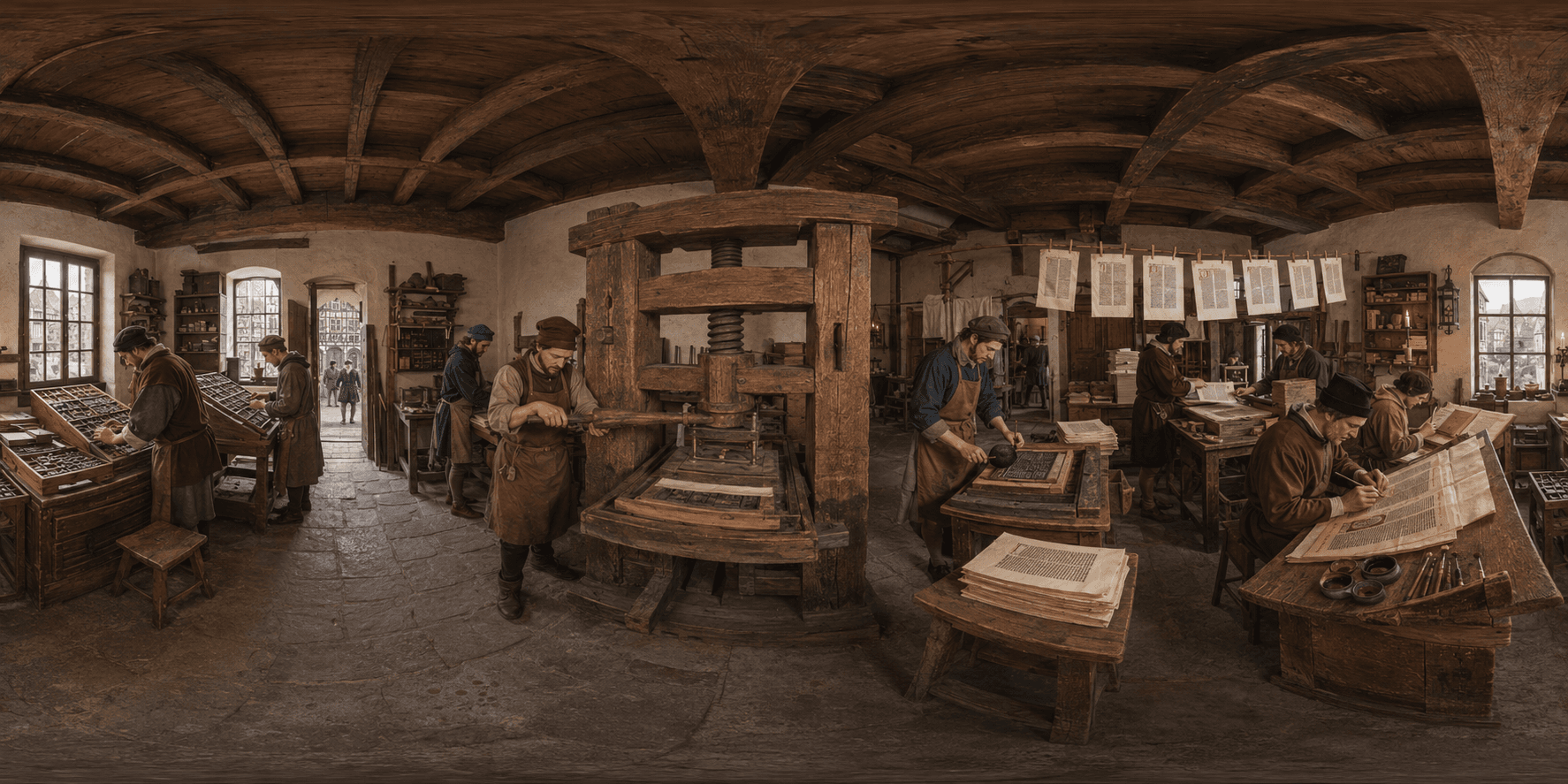 A 360 historical reconstruction of Gutenberg's printing workshop with a wooden press, movable type, ink balls, drying pages, craftsmen, and apprentices.