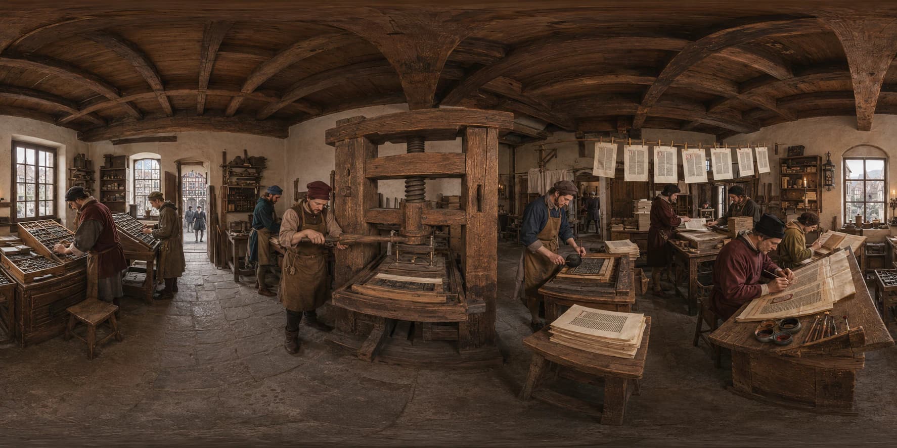 A 360 historical reconstruction of Gutenberg's printing workshop with a wooden press, movable type, ink balls, drying pages, craftsmen, and apprentices.