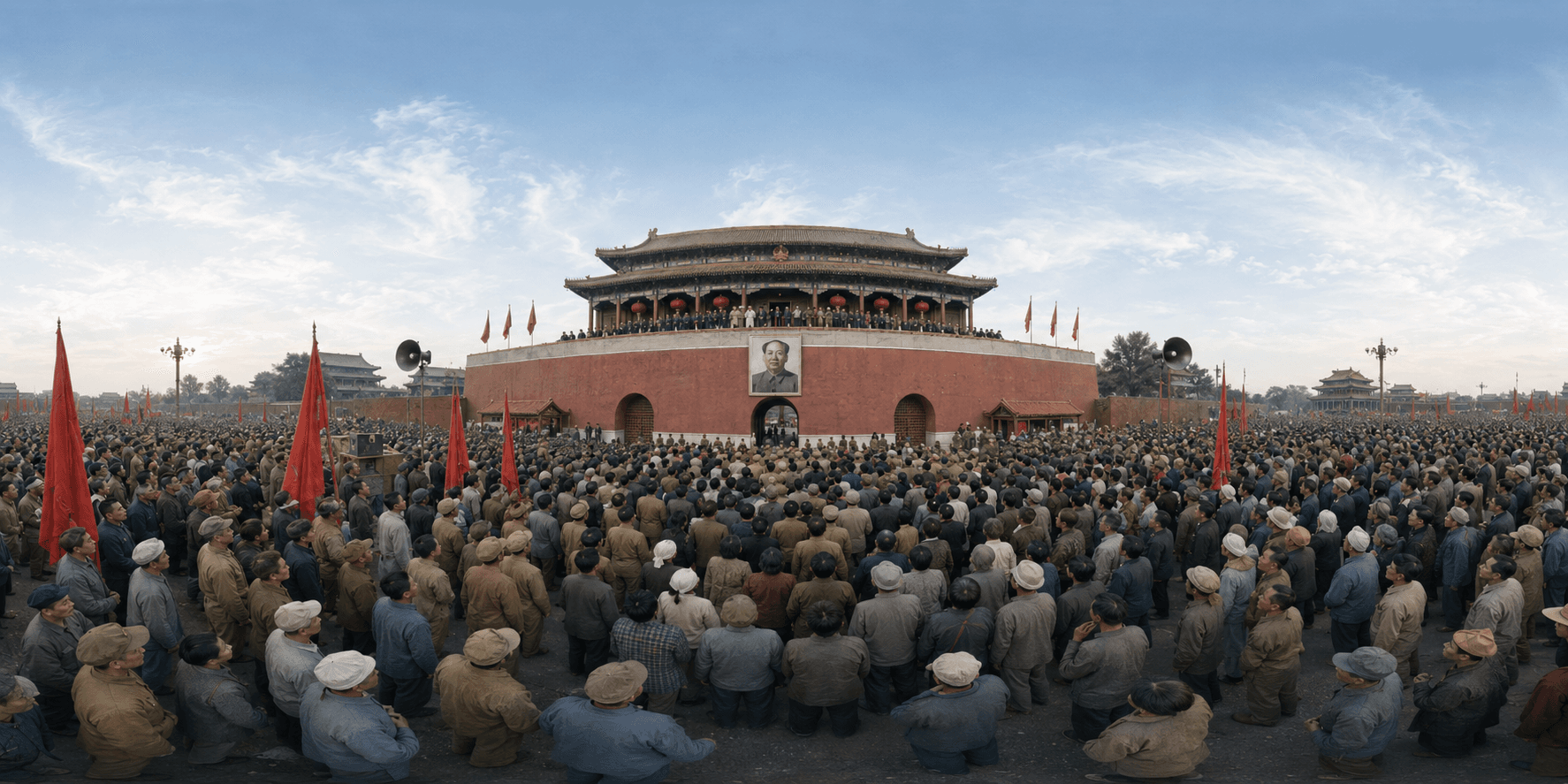 A 360 historical reconstruction of the proclamation of the People's Republic of China with Mao Zedong, party leaders, Tiananmen Gate, red flags, soldiers, workers, peasants, and a vast crowd.