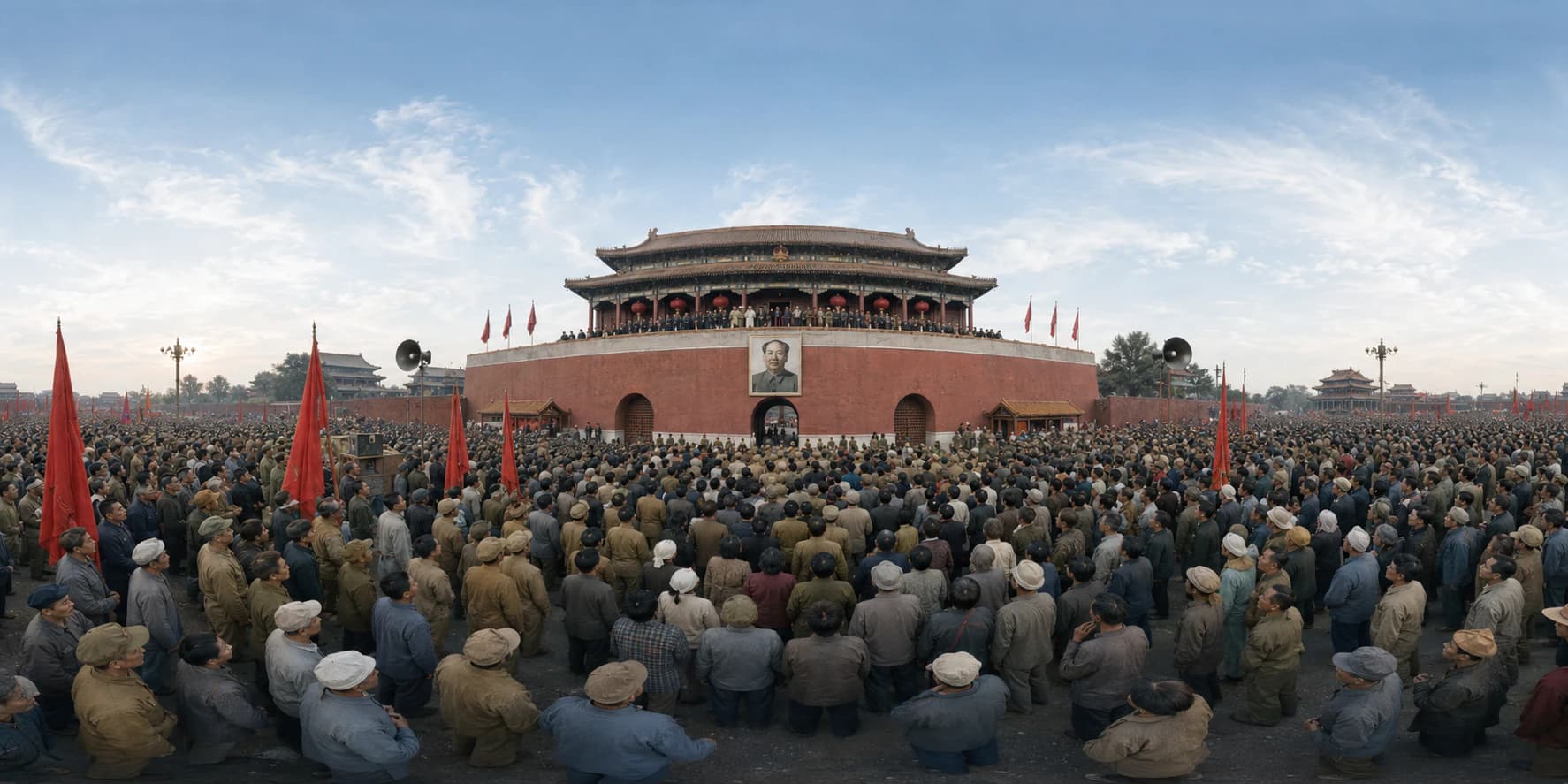 A 360 historical reconstruction of the proclamation of the People's Republic of China with Mao Zedong, party leaders, Tiananmen Gate, red flags, soldiers, workers, peasants, and a vast crowd.