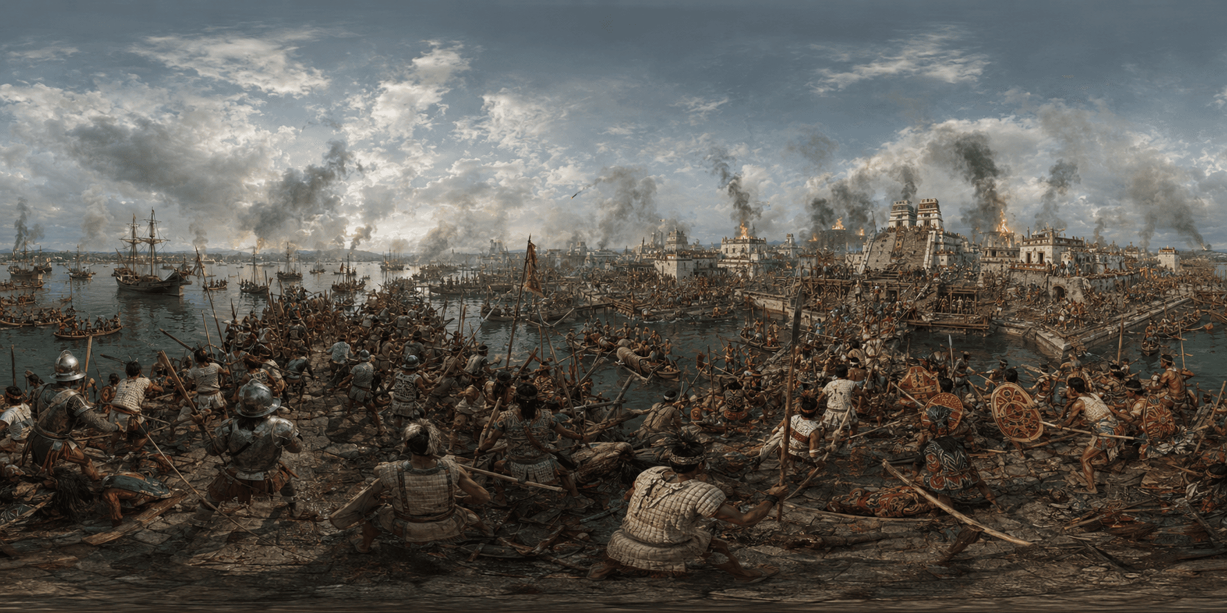 A 360 historical reconstruction of the Siege of Tenochtitlan with canals, causeways, lake brigantines, Spanish conquistadors, Indigenous allies, Mexica defenders, smoke, canoes, and temple platforms.