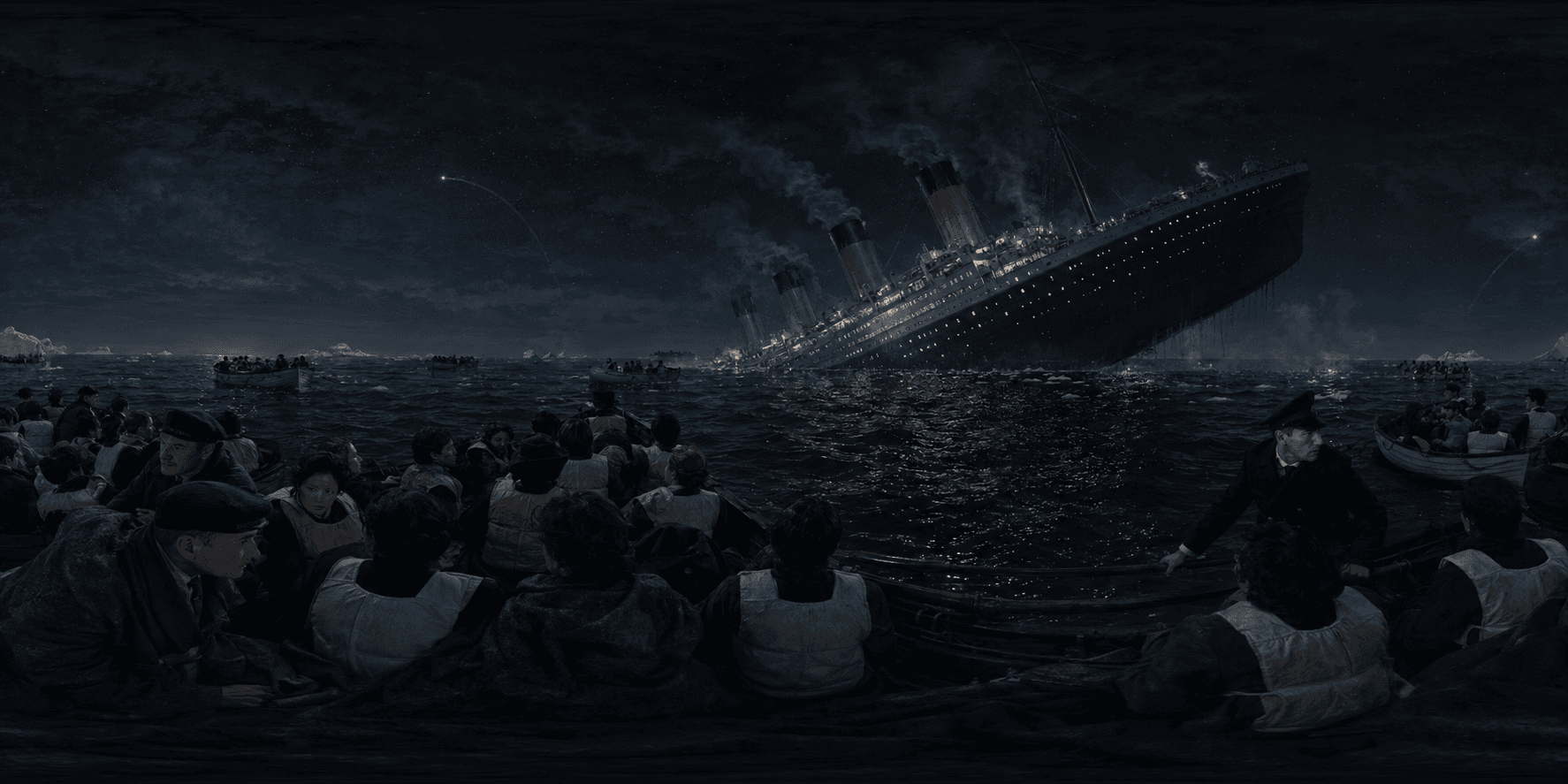 A 360 historical reconstruction of the Titanic sinking with the ocean liner, lifeboats, Edwardian passengers, crew, life belts, cold North Atlantic water, night sky, and ship lights.