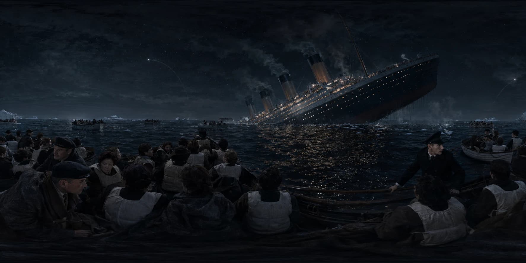 A 360 historical reconstruction of the Titanic sinking with the ocean liner, lifeboats, Edwardian passengers, crew, life belts, cold North Atlantic water, night sky, and ship lights.