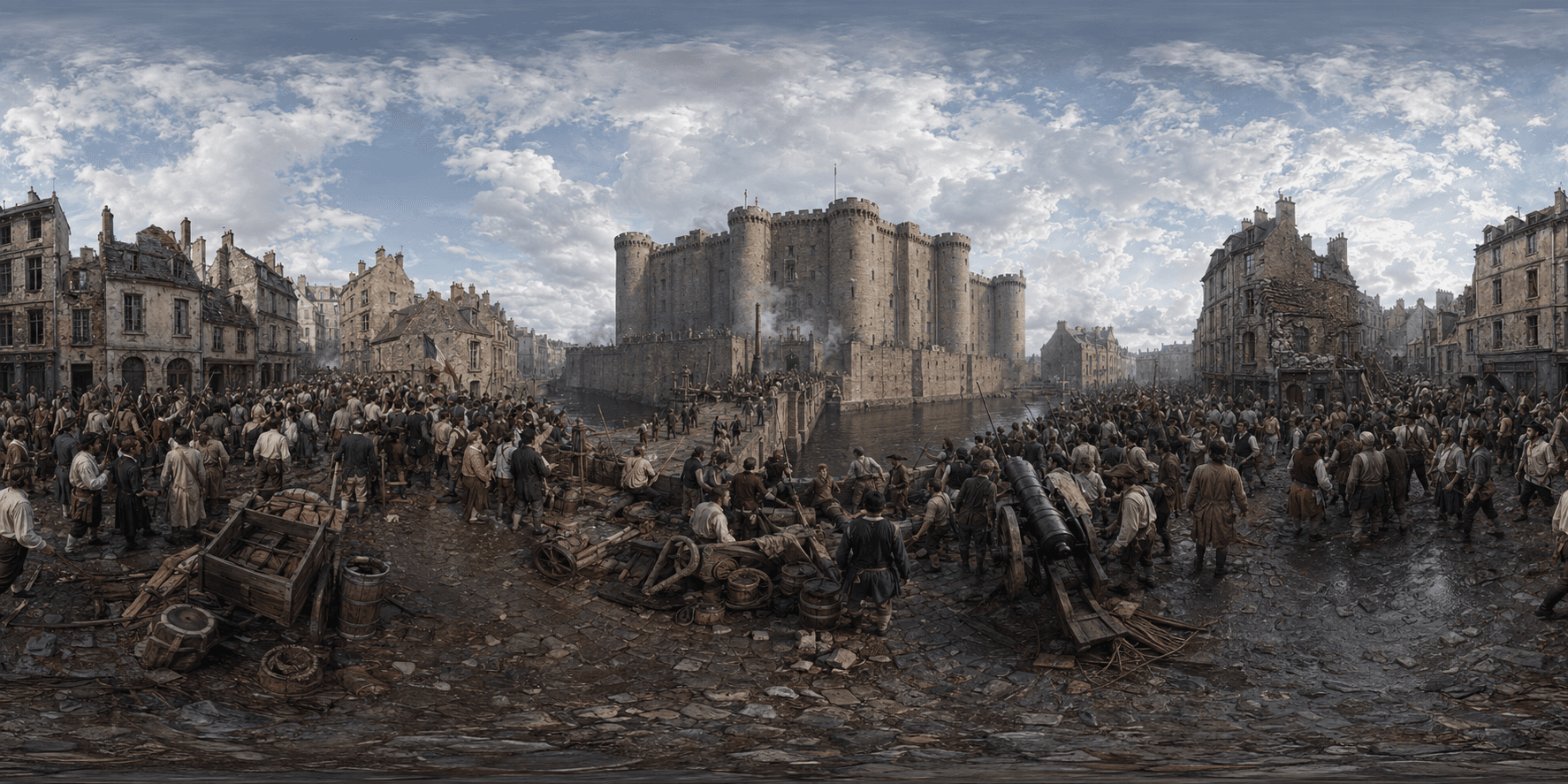 A 360 historical reconstruction of the Storming of the Bastille with the fortress, Parisian revolutionaries, smoke, muskets and late 18th-century clothing.