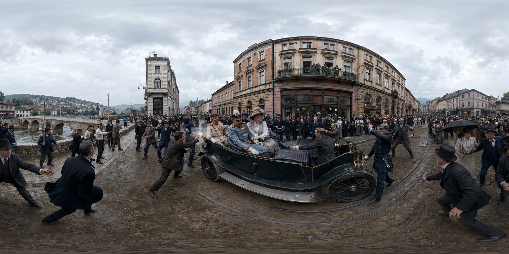 A 360 historical reconstruction of the assassination of Archduke Franz Ferdinand with an open-top motorcar, Sarajevo streets, Austro-Hungarian officers, local bystanders, and the Miljacka riverfront.