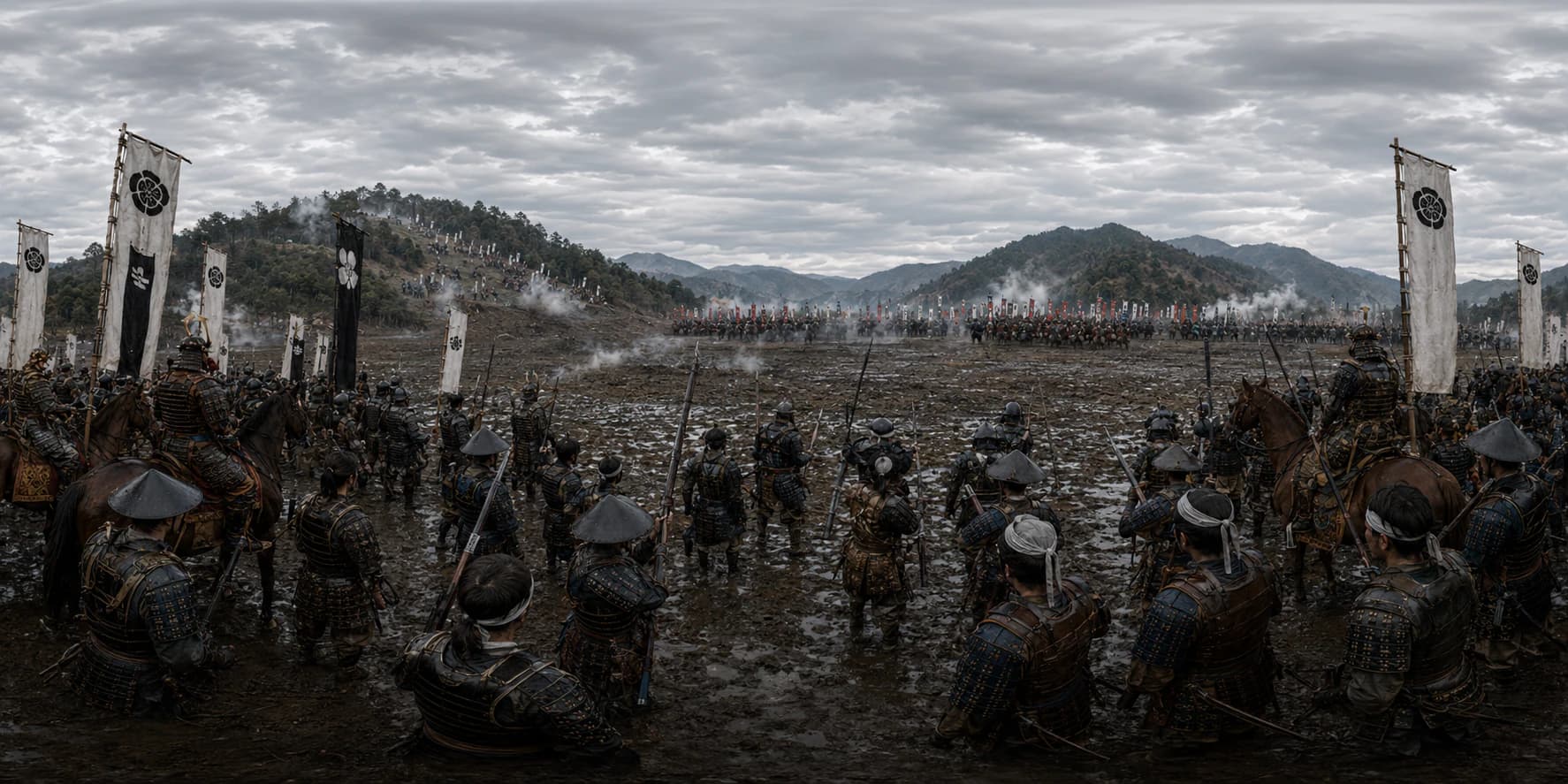 A 360 historical reconstruction of the Battle of Sekigahara with samurai commanders, ashigaru infantry, yari spears, matchlocks, sashimono banners, horses, mist, and wooded hills.