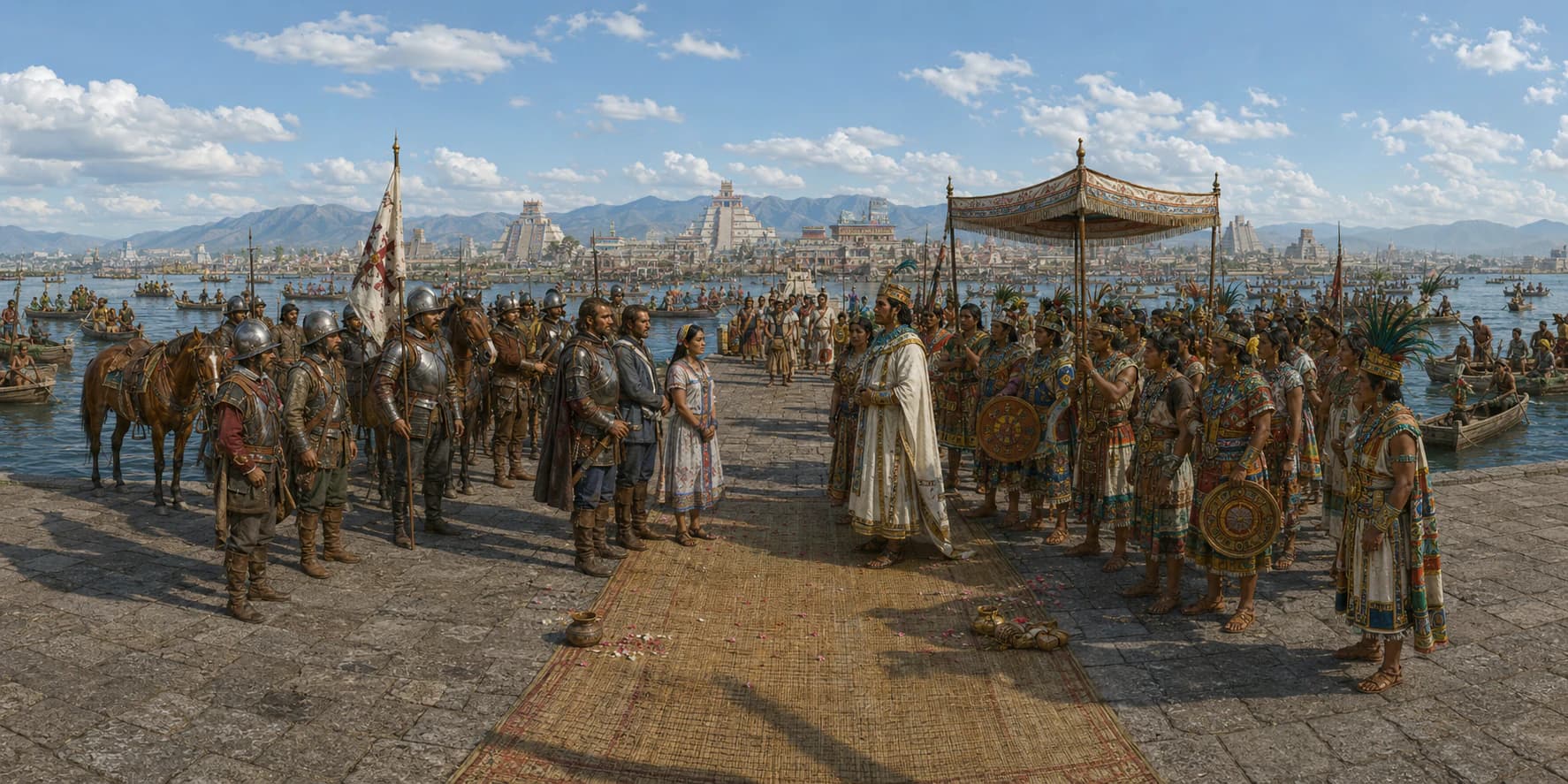A 360 historical reconstruction of Cortés meeting Moctezuma with Lake Texcoco, Tenochtitlan causeways, canals, Mexica nobles, Spanish conquistadors, horses, interpreters, and distant temples.