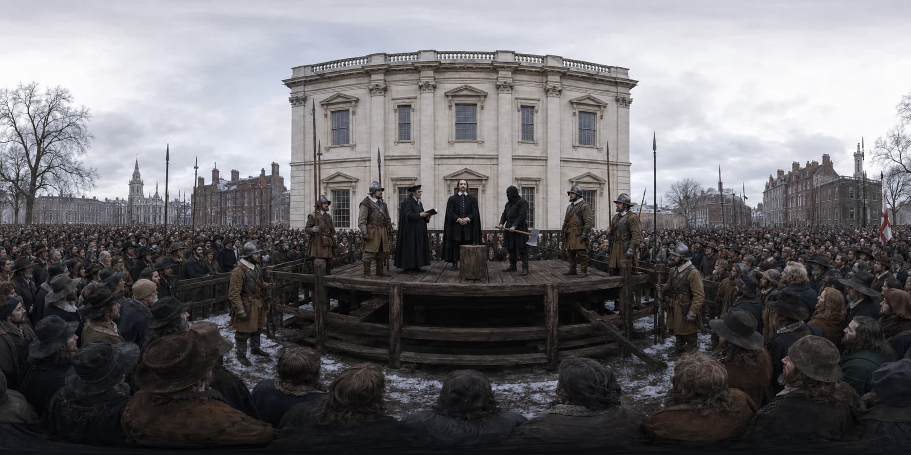 A 360 historical reconstruction of the execution of Charles I outside the Banqueting House with a scaffold, Parliamentarian soldiers, officials, a solemn crowd, and winter London atmosphere.