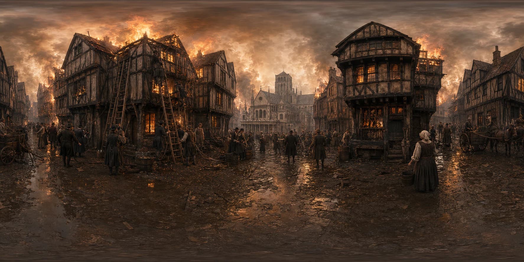 A wide historical reconstruction of the Great Fire of London with burning timber buildings and 17th-century townspeople.