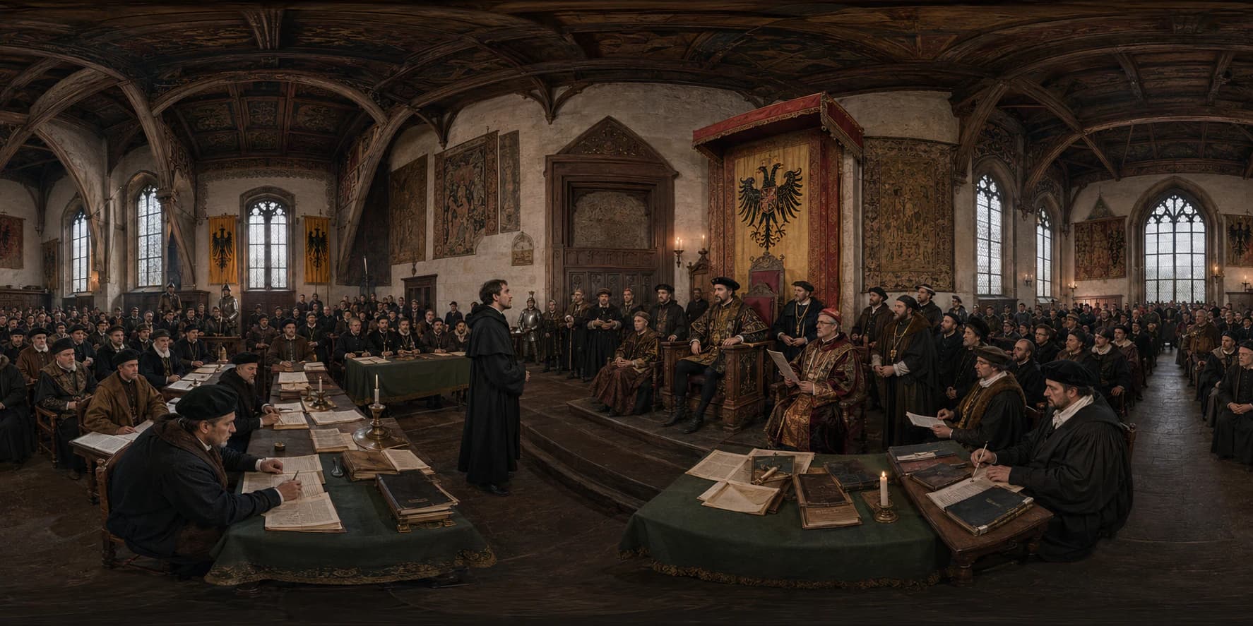 A 360 historical reconstruction of Martin Luther at the Diet of Worms with Charles V, princes, bishops, officials, documents, and an imperial assembly chamber.