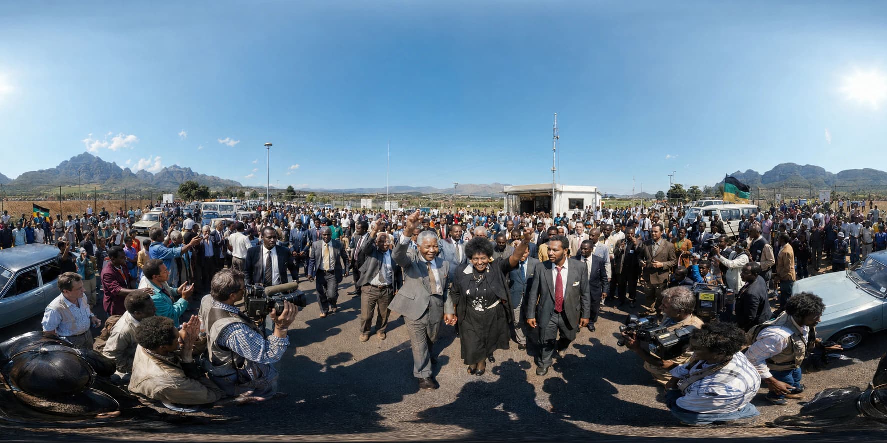 A 360 historical reconstruction of Nelson Mandela's release from prison with Mandela and Winnie Mandela, supporters, journalists, prison fencing, vehicles, and a South African roadside setting.