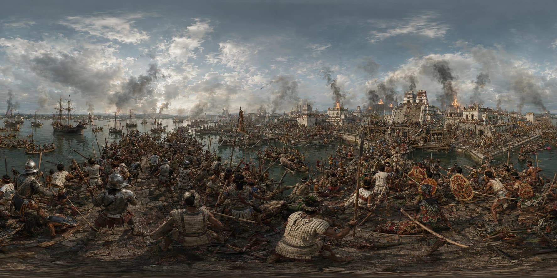 A 360 historical reconstruction of the Siege of Tenochtitlan with canals, causeways, lake brigantines, Spanish conquistadors, Indigenous allies, Mexica defenders, smoke, canoes, and temple platforms.