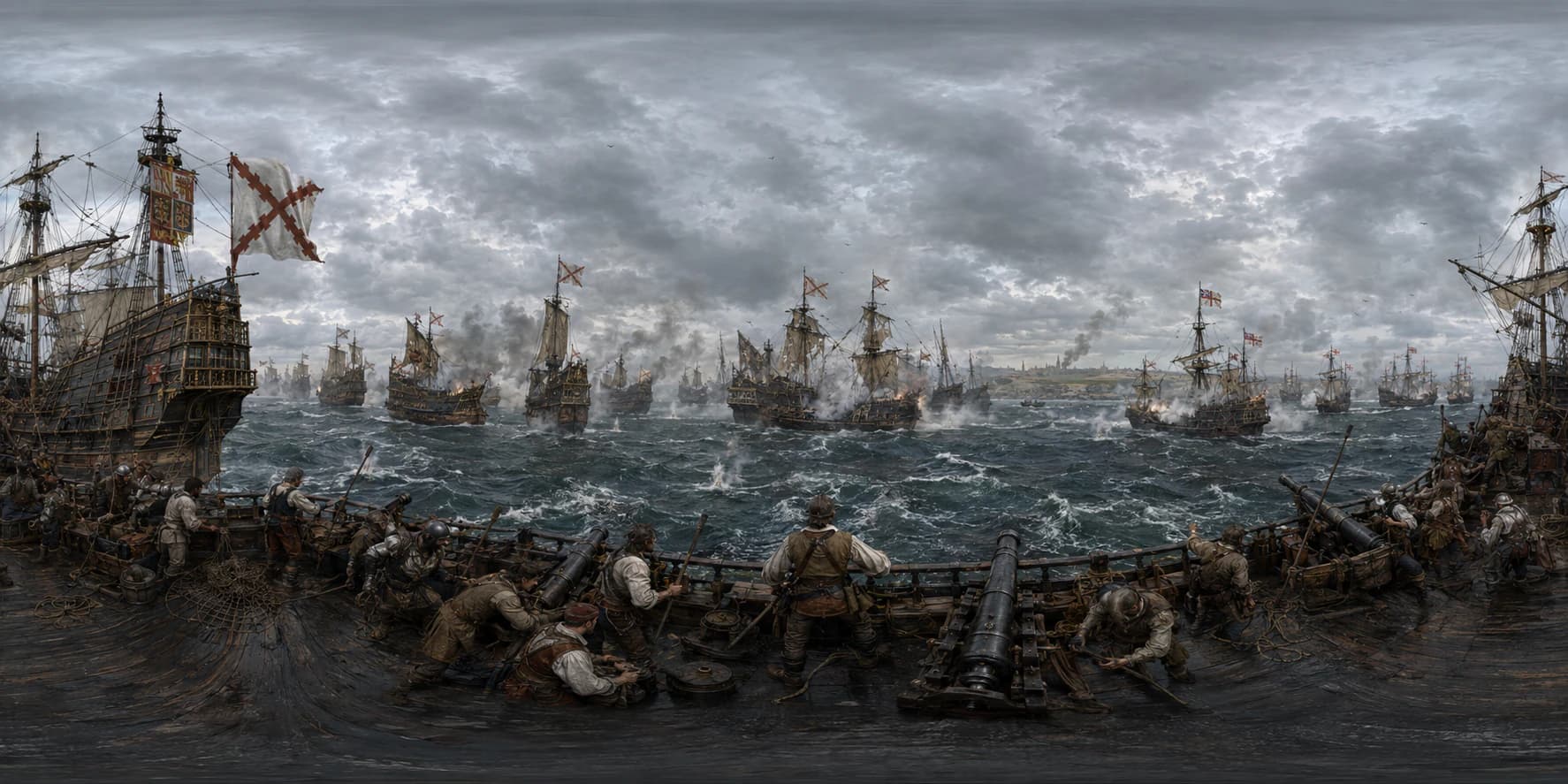 A 360 historical reconstruction of the Spanish Armada at Gravelines with Spanish galleons, English ships, cannon smoke, damaged rigging, rough sea, sailors, and the Flanders coast.